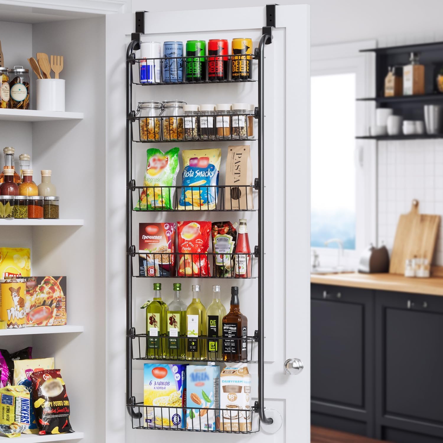 Tür Organizer,Hängeorganizer mit 6 Körben bis 27kg,Küchentür Organizer,Gewürzorganizer Pantry Bad Tür Ablage Waschküchen Organizer,Vorratsschrank-Organizer & Gewürzregal Hängend,160*39*27cm,Schwarz
