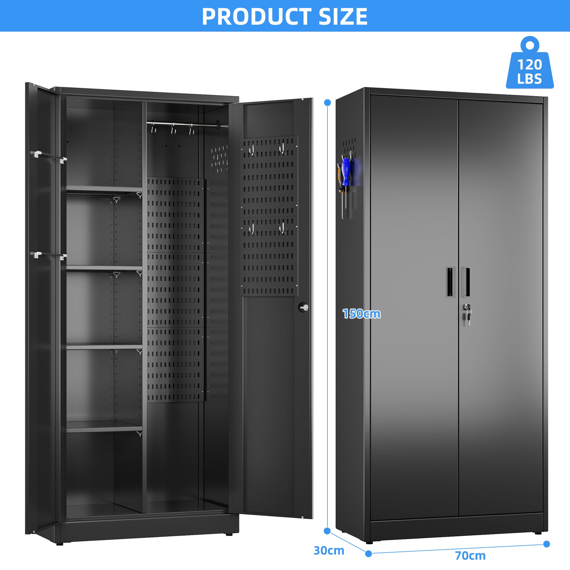 Besenschrank mit Belüftung & Magnetverschluss, Multifunktionalschrank, Stabiler Stahlschrank für Staubsauger, Reinigungsmittel, Kleidung und Haushaltsgegenstände｜70x30x150 cm｜Schwarz