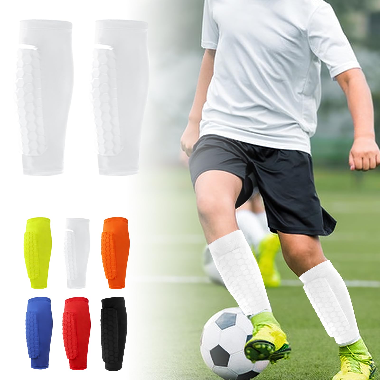 nilic Football Shin Pad Sleeves, Honeycomb Shin Pads Boys Girls Kids and Adults, Featuring Collision Avoidance Breathable Lightweight Character for Impact Protection and Comfortable (White, S)