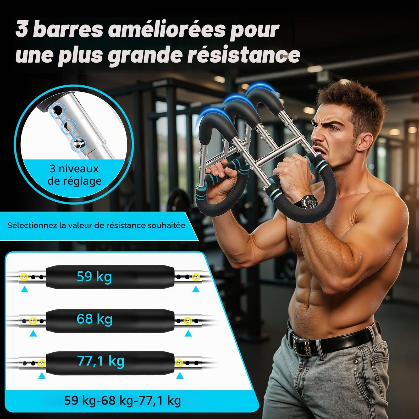 MoKo Entraîneur de Bras Twister, Exerciceur de Bras Réglables 60-170 Livres, Équipement D'entraînement Pectoral pour Développer la Musculature, Appareil D'entraînement des Bras avec Protège-Poignets