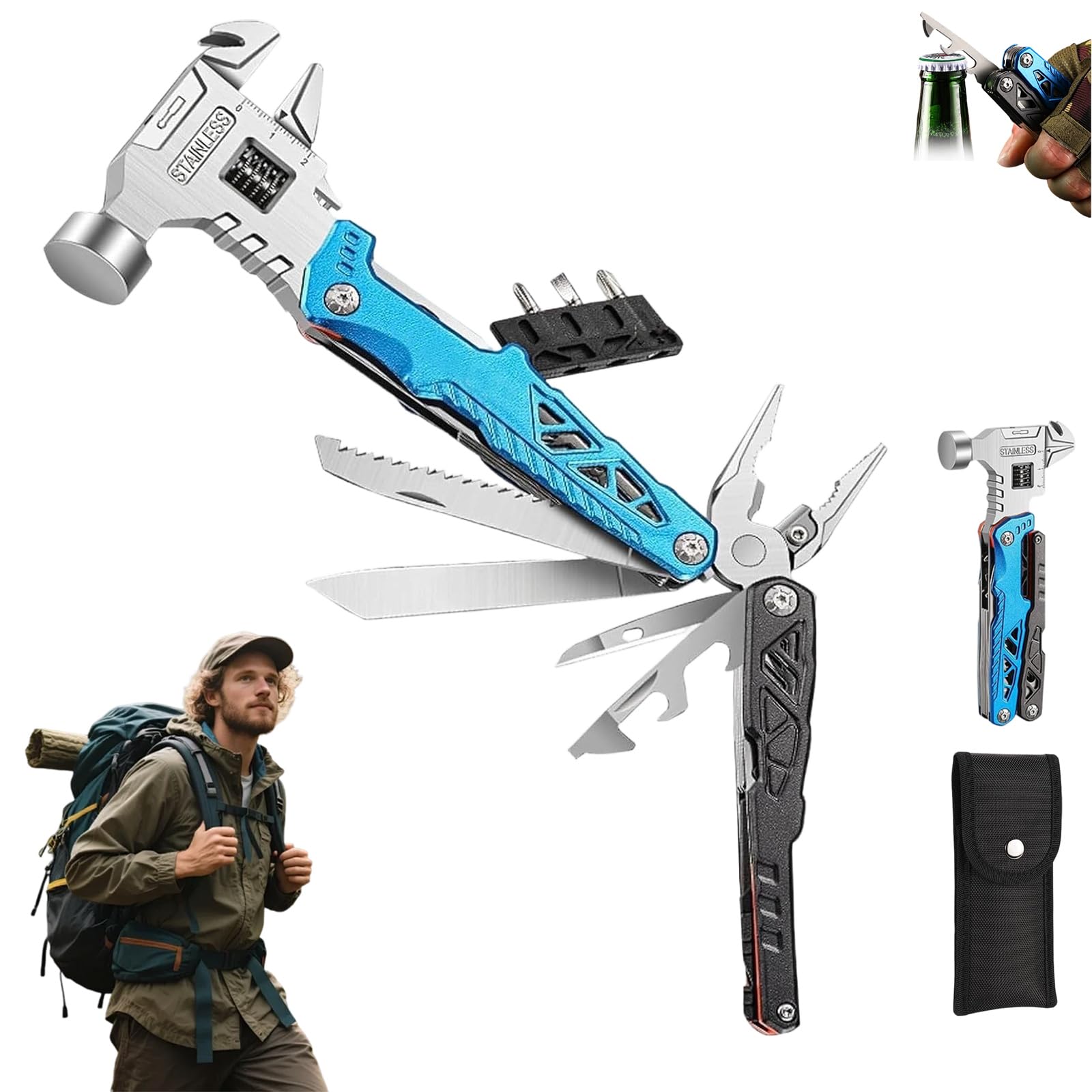 18 in 1 Multifunctional Wrench Hammer 60tools, Multifunktionswerkzeug Mit Hammer, Zange, Taschenmesser & Säge – Kompaktes Multi Tool Für Outdoor, Camping, Wandern, DIY (Blau)