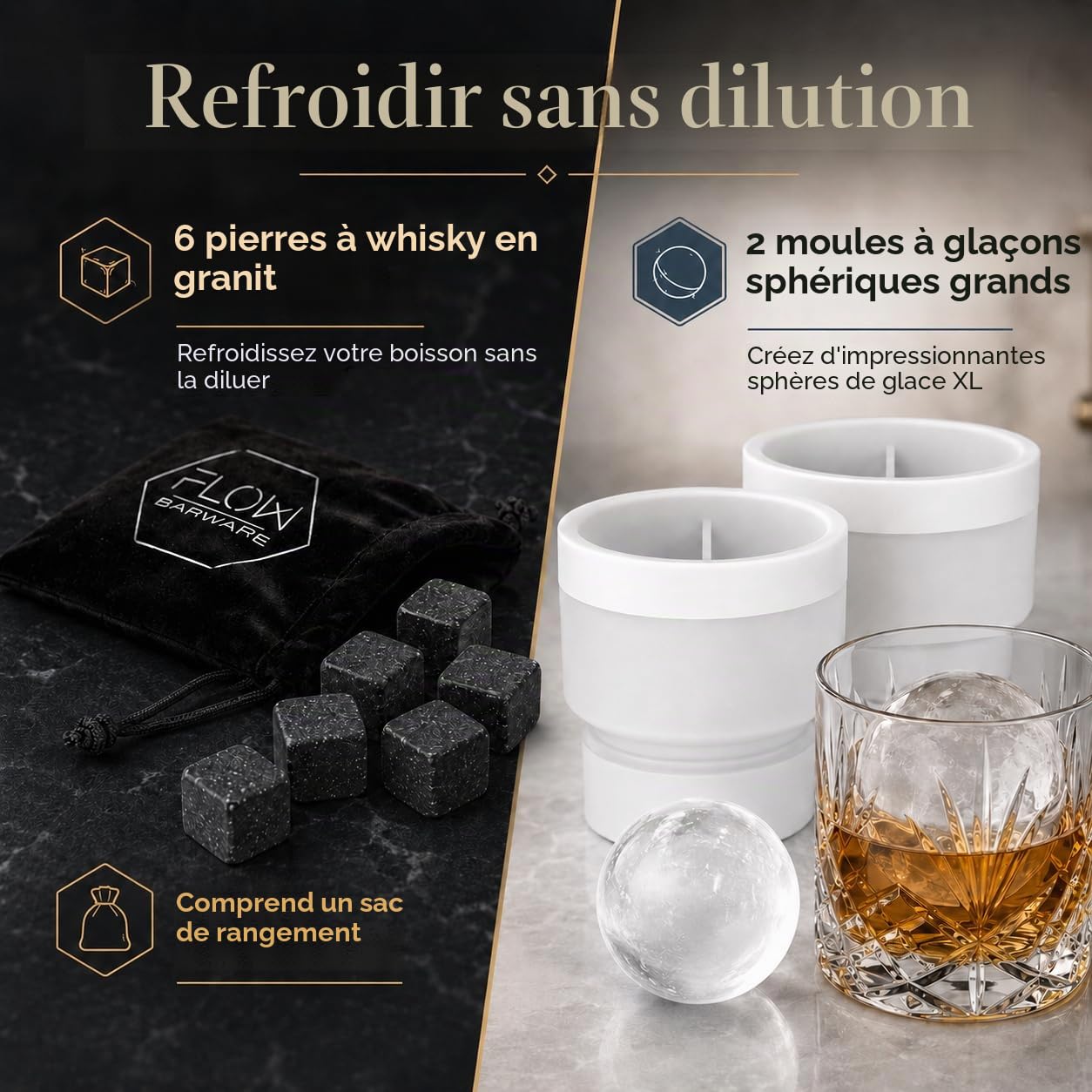 Flow Barware Coffret cadeau carafe à whisky et verres | Carafe à whisky 750 ml, lot de 2 verres à whisky | Pierres à whisky et boîte en bois | Coffret cadeau whisky pour homme
