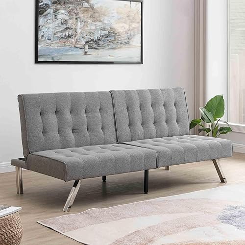 Sofá cama tipo futón convertible de 68 pulgadas, moderno sofá cama con patas de metal, sofá biplaza tapizado plegable, sofá reclinable de lino,