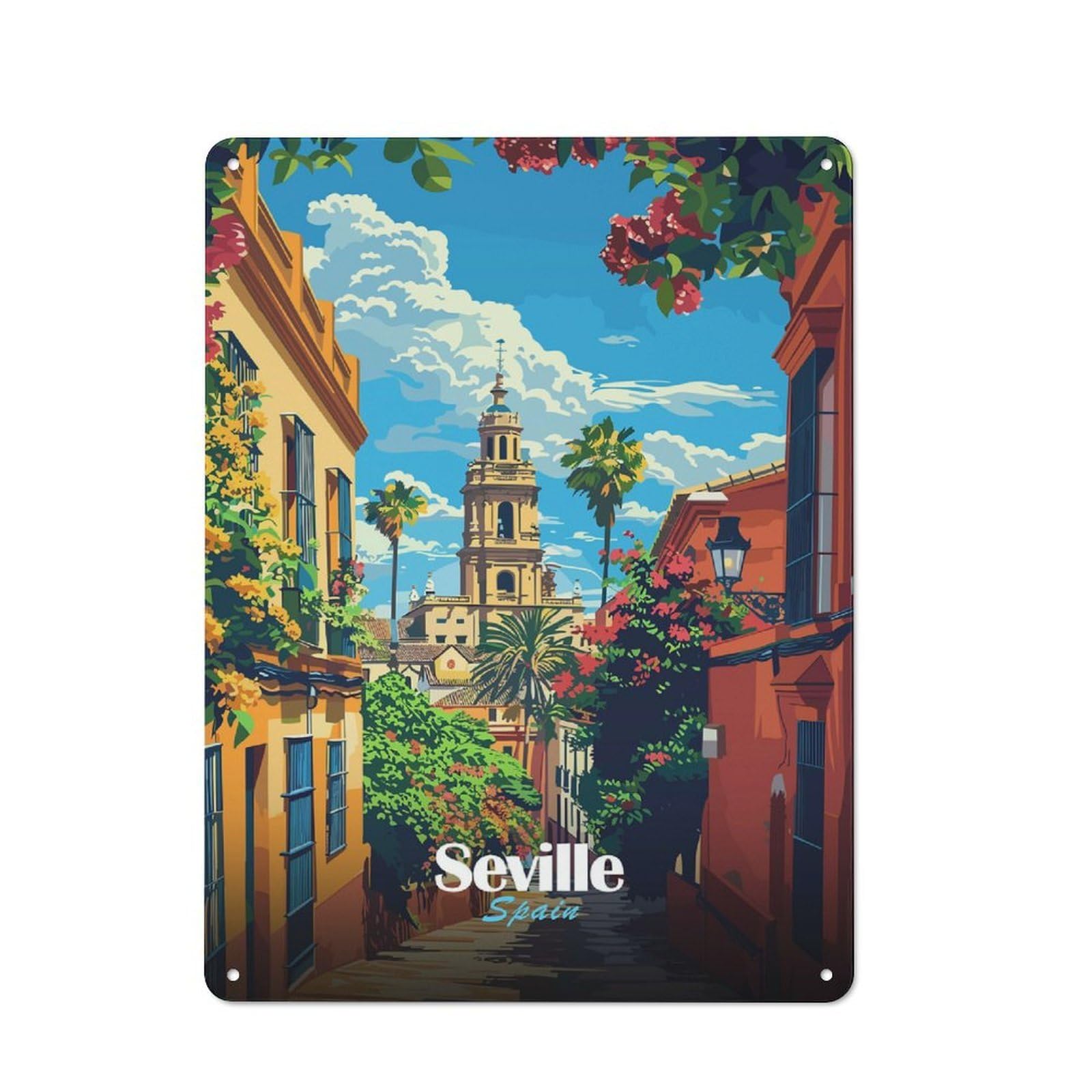 Junmoney Seville, Spain Street View Illustration Nostalgic Decorative Tin Sign 40X30cm Featuring Old Style Wall Plaque For Kitchen, Hallway, Bar Or Small Cafe
