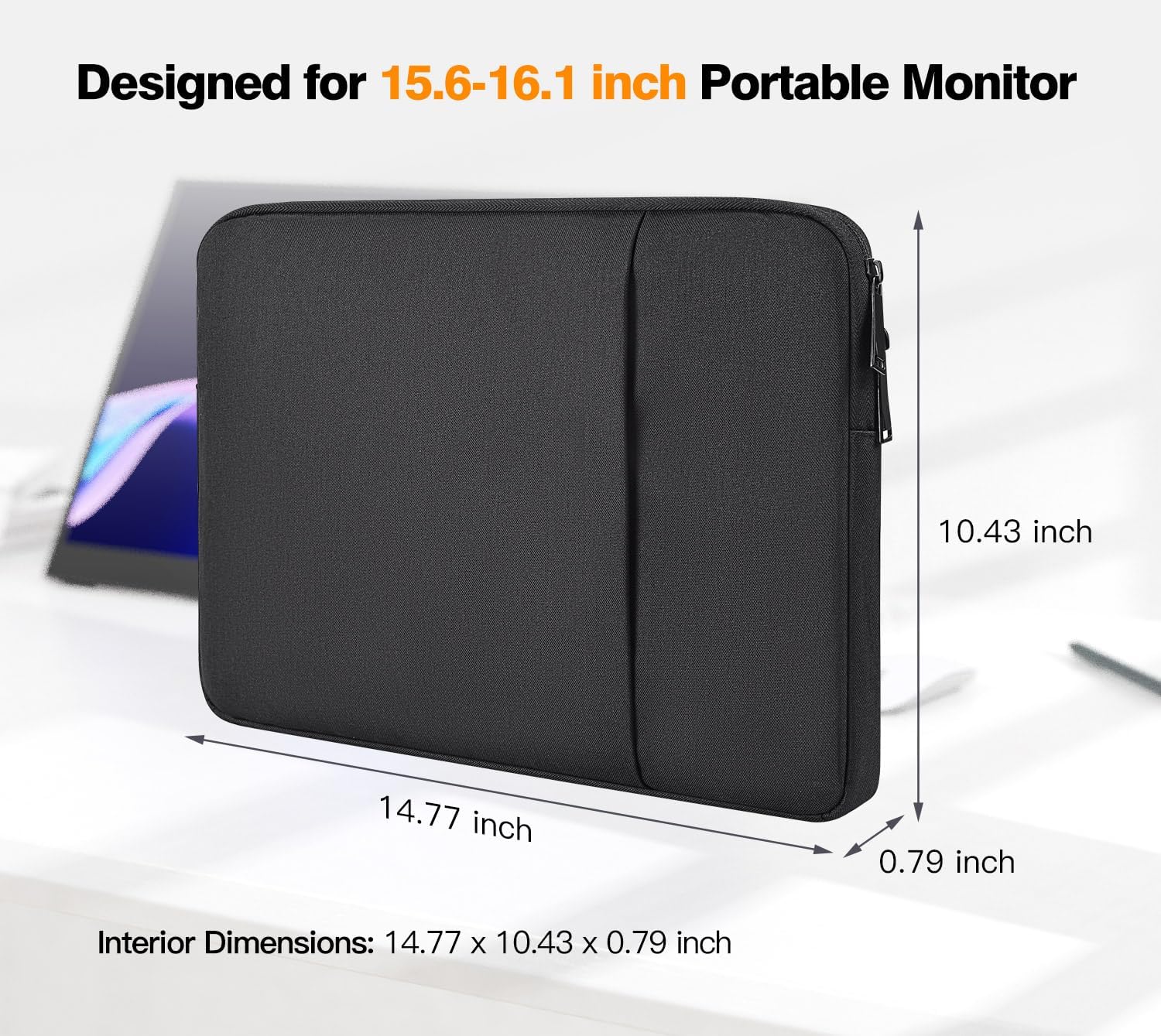 Portable Monitor Case 15.6 16.1 inch, Padded Shockproof Carry Sleeve Bag for 15.6" 16.1" Portable Display Monitors, Water-Resistant Laptop Bag Cover with Accessory Pocket -Black - Image 2