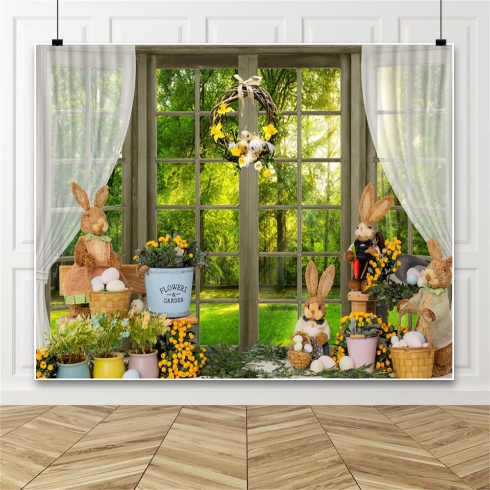 Spring Easter Backdrop 10x8ft Rabbit Egg Nature Forest Scenery Spring Window Backdrops for Photography Background Birthday Baby Shower Happy Easter Party Decorations for Outdoor Photo Booth Props