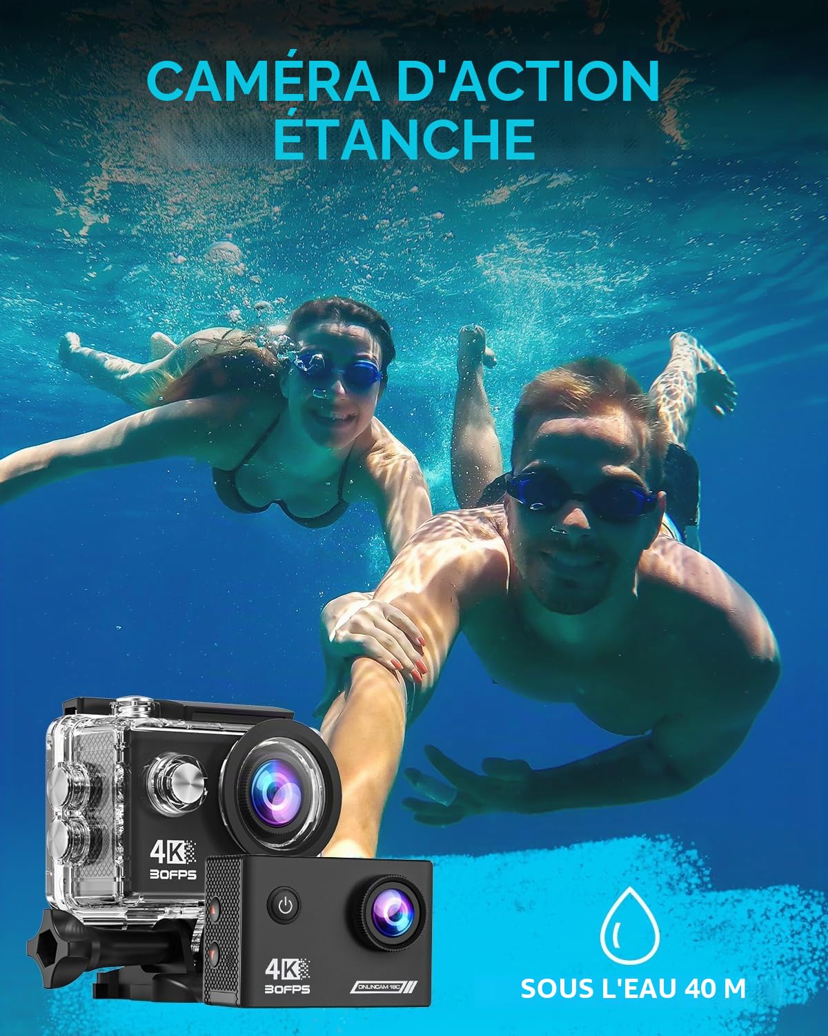 Caméra d'action 4K30fps avec carte SD 64G, caméra HD étanche 40 m caméras sous-marines 20 MP pré-enregistrement WiFi caméra 170 ° télécommande caméras de sport avec 2 batteries kit d'accessoires pour