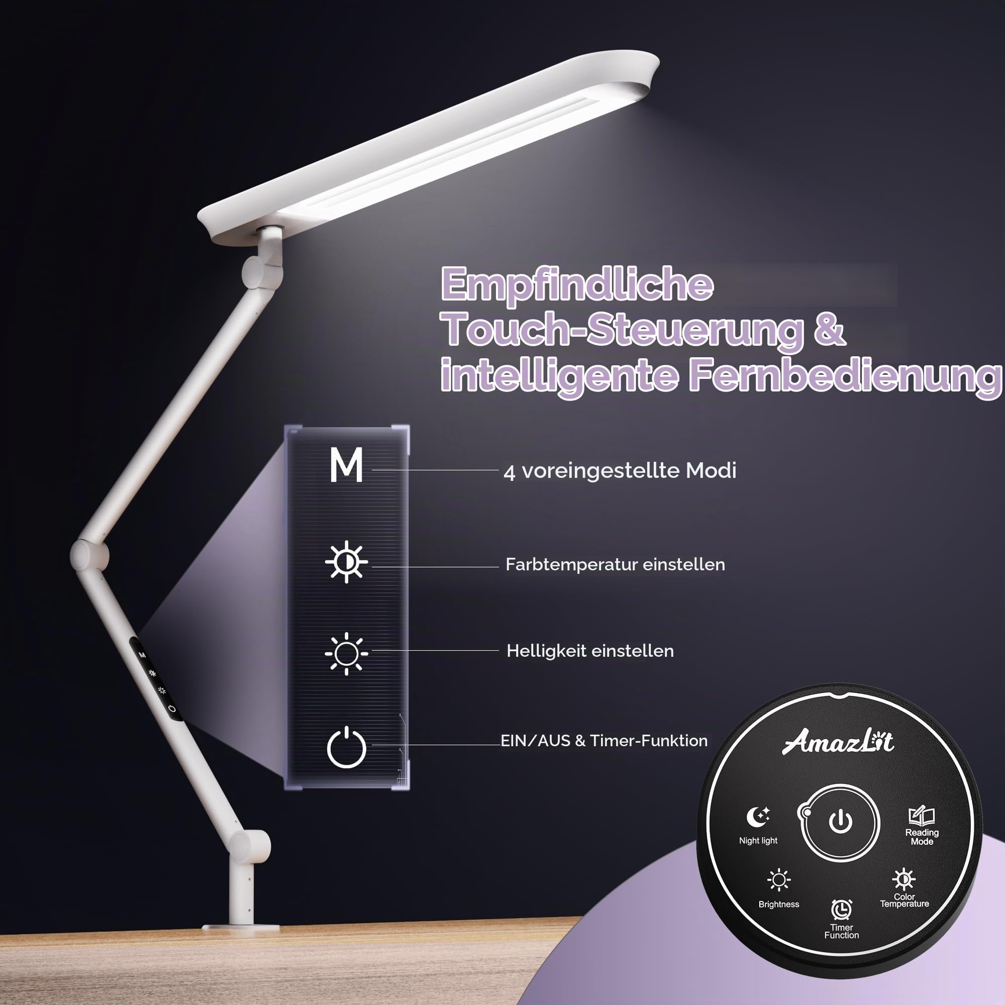 AmazLit Schreibtischlampe, LED Schreibtischlampe 1100 Lumen mit Klemme Schwenkarm-Architektenlampe 18W Hohe Helligkeit Keine Blendung Augenschutz Bürolampe Mehrfachbeleuchtung/Funktion, Weiß