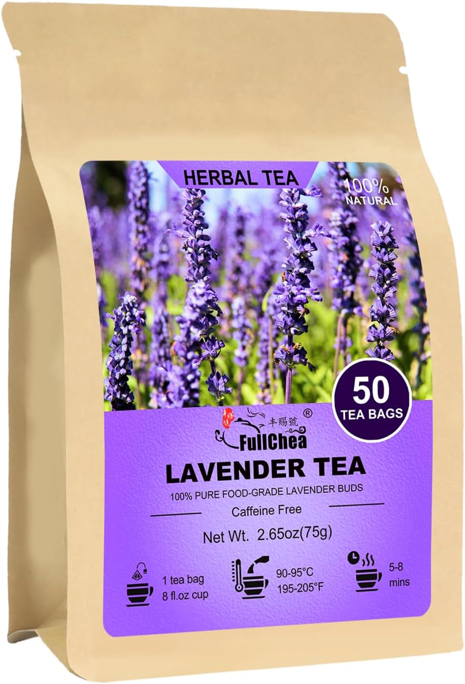 FullChea - Lavender Tea Bags, 50 Teabags - Pure Lavender Flowers for Relaxation - Caffeine-Free Floral Tea for Sleep & Wellness