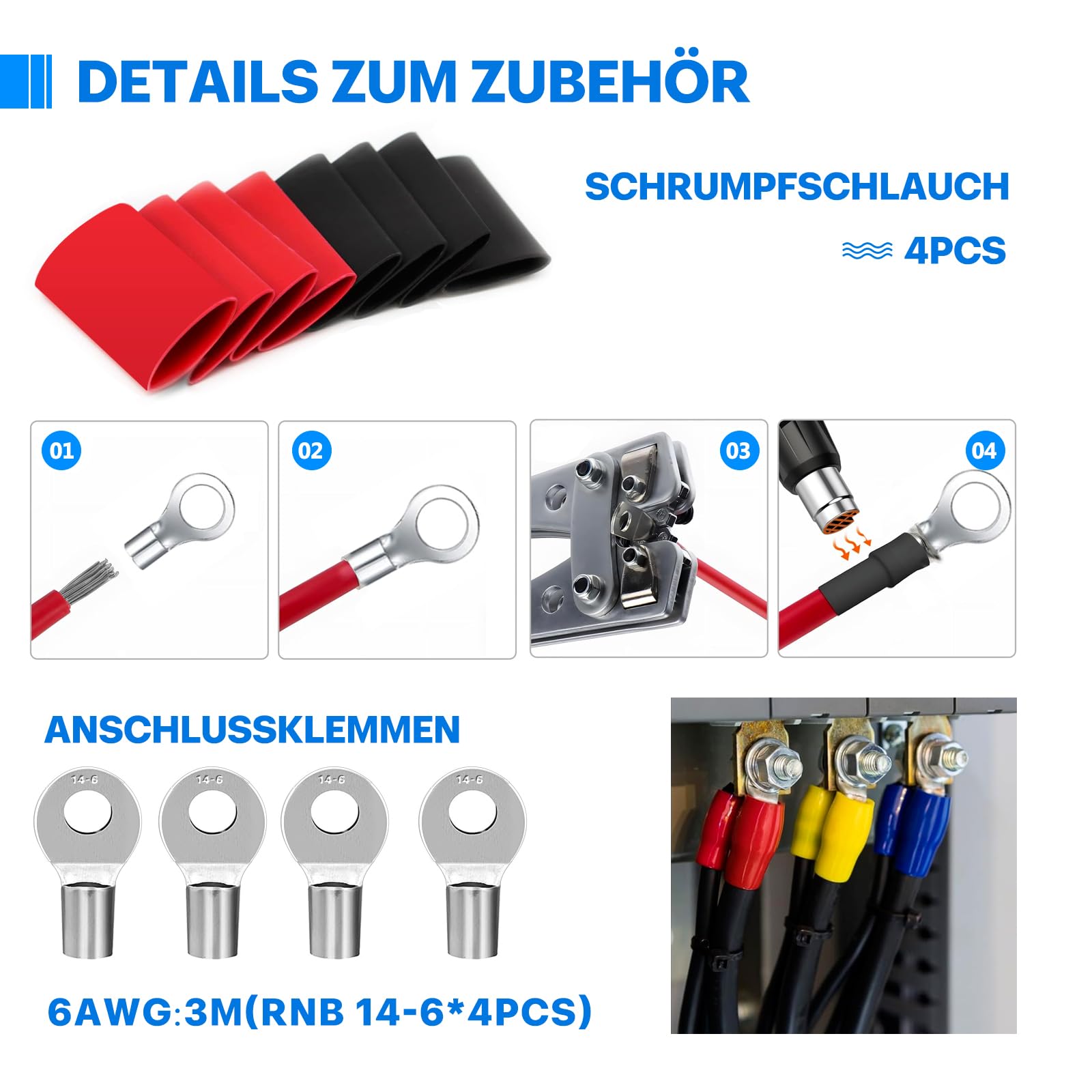 Cavo elettrico in PVC da13,5mm² - 6 AWG Filo elettrico di 6 m (3 Metri nero e 3 Metri rosso) in rame stagnato ad alta temperatura per pannelli solari, elettrodomestici, veicoli, ecc.