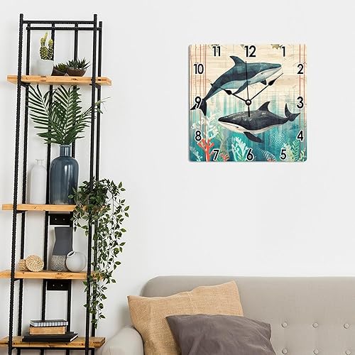 Miniatura 5 de Reloj de pared decorativo rústico de 12 x 12 pulgadas, reloj de pared de PVC con acuarela, ballena, vintage, náutico, costero, para pared, playa