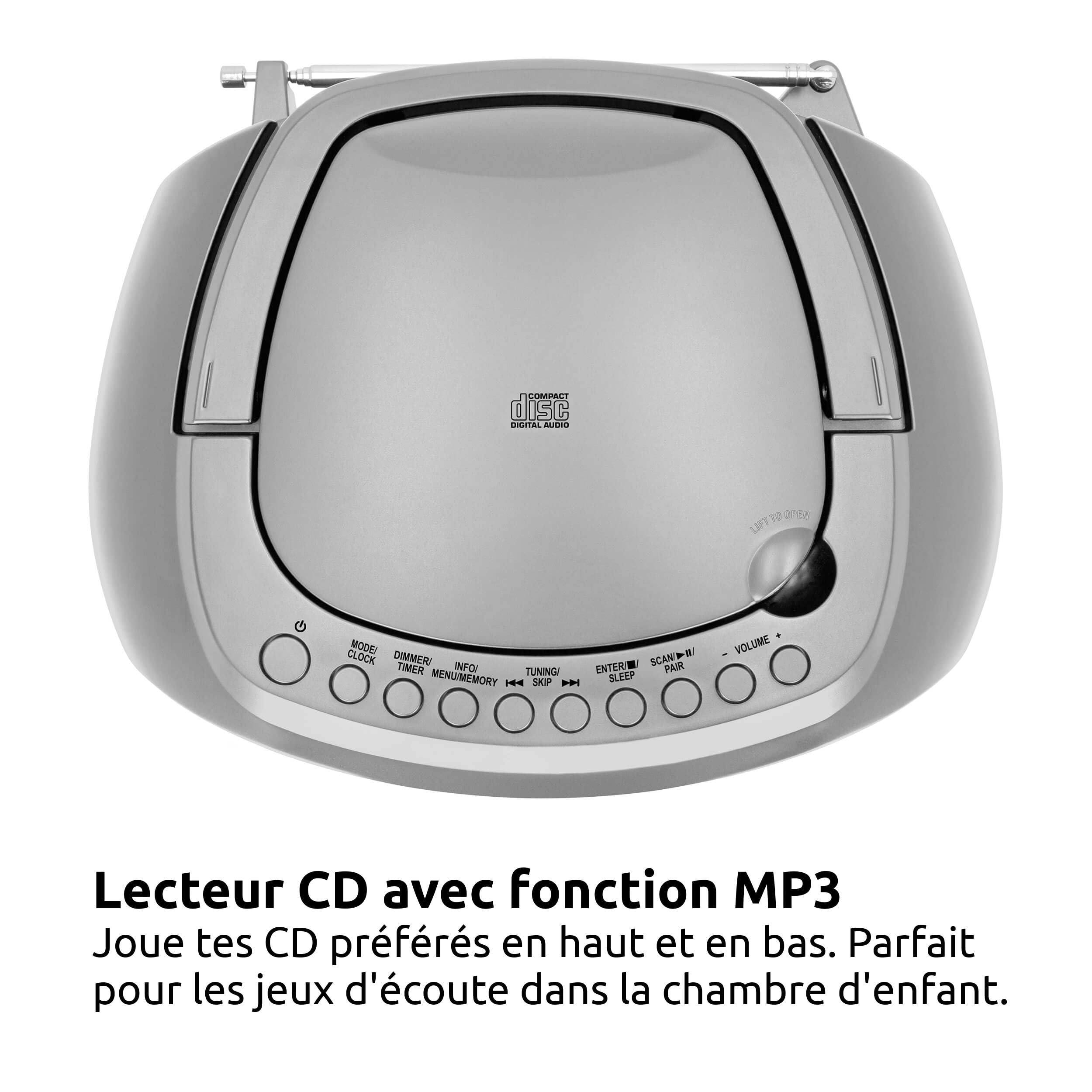 TechniSat DIGITRADIO 1990 - stéréo Boombox avec Radio Dab +/FM et Lecteur CD (Streaming Audio Bluetooth, Connexion Casque, USB, entrée AUX, Fonction de Charge, Horloge, 2 x 1,5 W) Argent