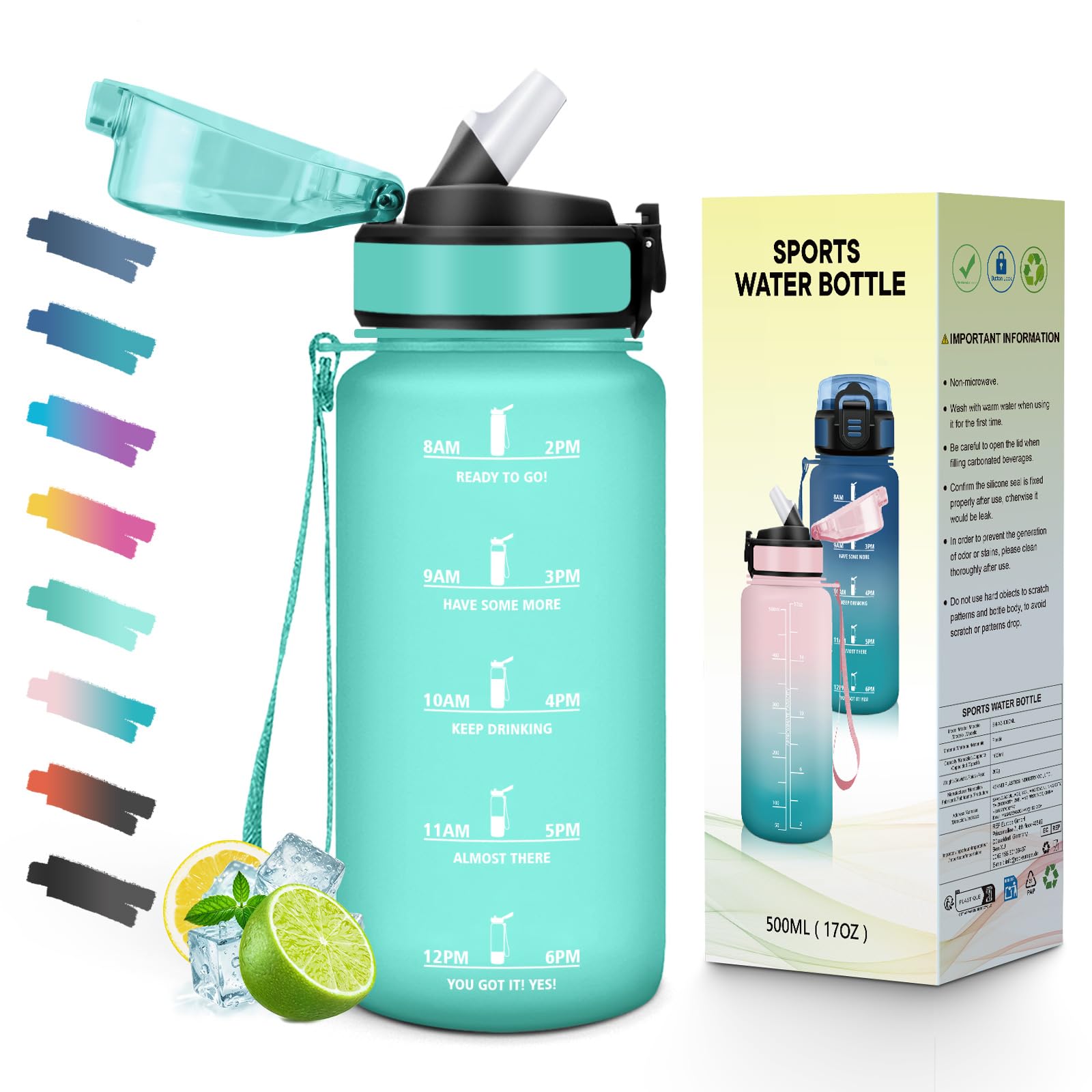 500ML BPA Free Water Bottle with Straw Time Scale Motivational Wide Mouth Leakproof Lid for School Office Gym