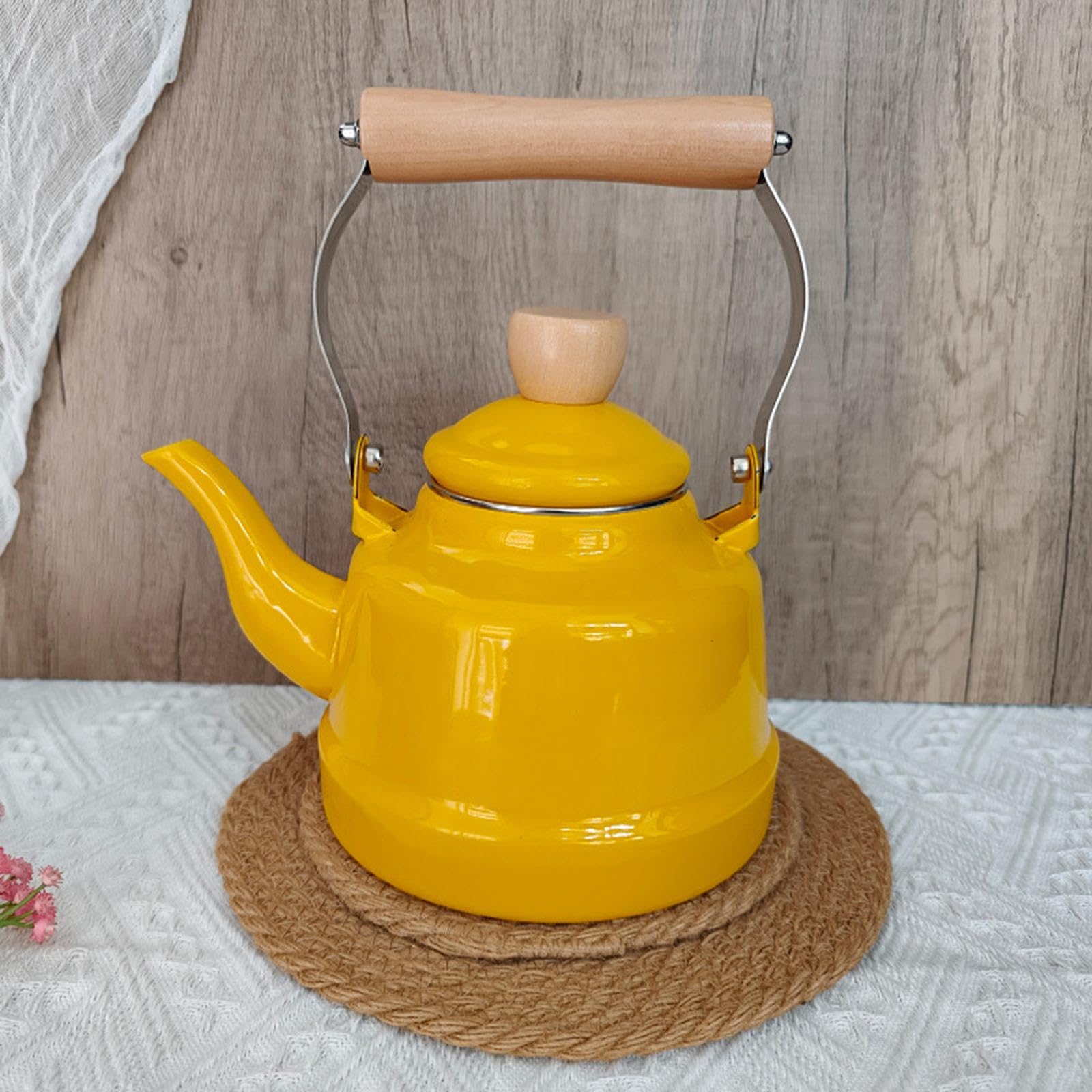 Teekessel Emaille Teekanne Wasserkocher Kaffeekanne mit Hitzebeständigem Holzgriff Und Keramischem Gehäuse für Herd Küche Haushalt Geschenk, Gelb