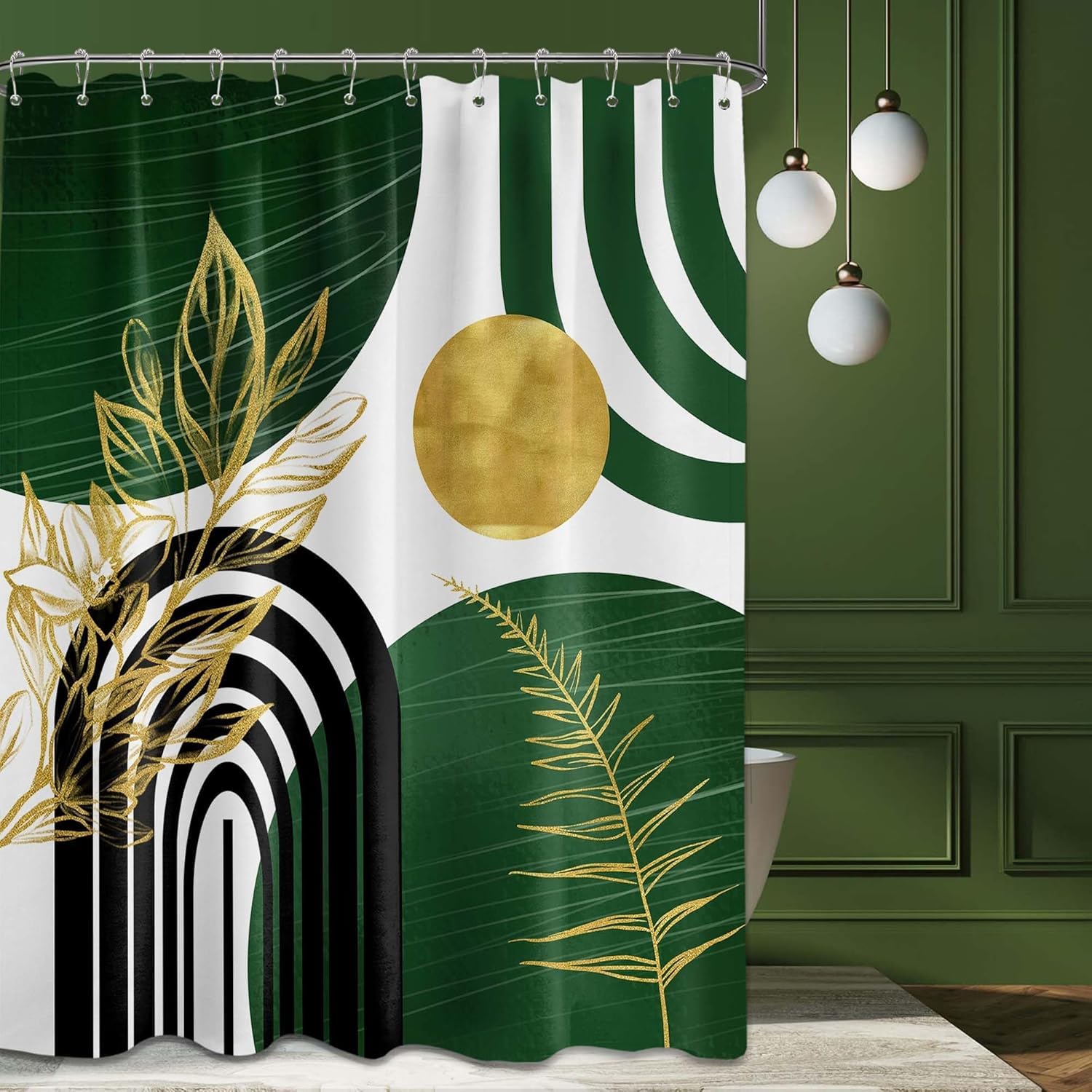 GLKSDLPO Olive Green and Gold Shower Curtain Boho Mid Century Modern Hunter Green Shower Curtains for Bathroom Decor Sets(105x160cm/41x63in(WxH)