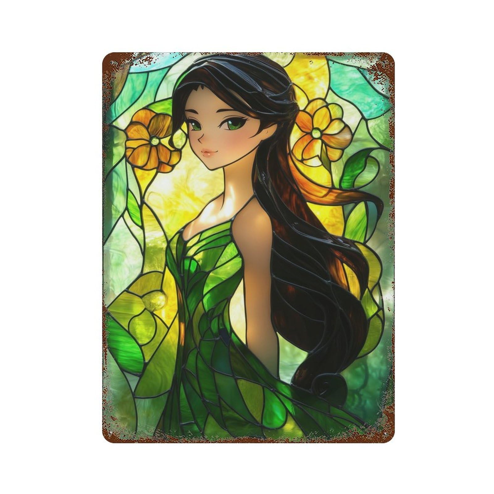 Stained Glass Woman 15.7"x11.8" Aged Metal Wall Plaque, Novelty Wall Decor for Garage, Bar And Workshop Decor