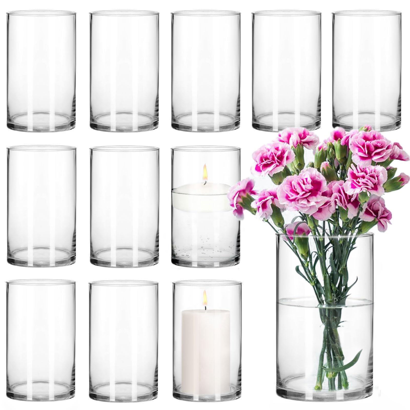 Glass Cylinder Vases for Centerpieces,6 inch Tall Transparent Hurricane Candle Holder,Clear Cylinder Flower Vases for Wedding Party Home Table Shelf Decor