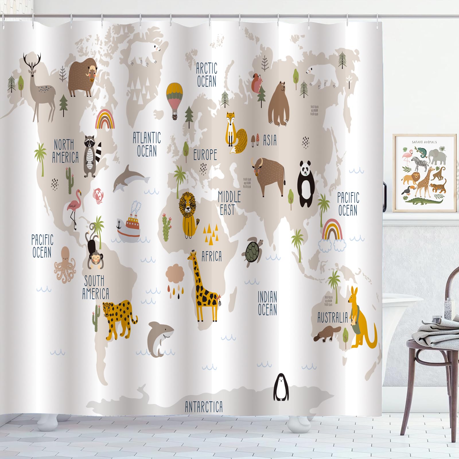 ZCHOMI Kids World Map Shower Curtain Cartoon Animal Map Educational Learning Shower Curtains for Kids Bathroom Waterproof Polyester Fabric Bath