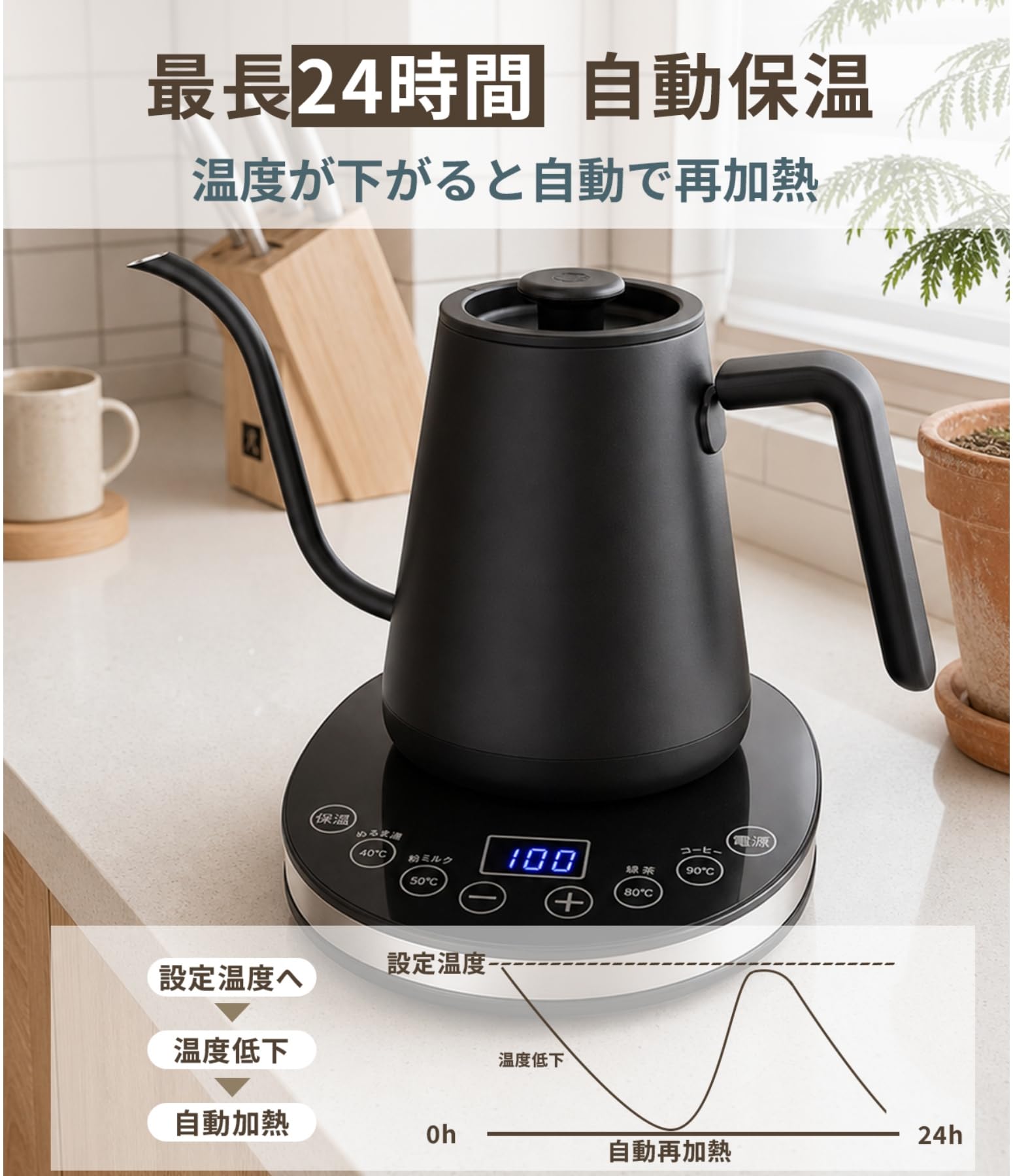 Amazon | 電気ケトル コーヒー 電気ポット 細口 0.8L 1℃単位温度調節