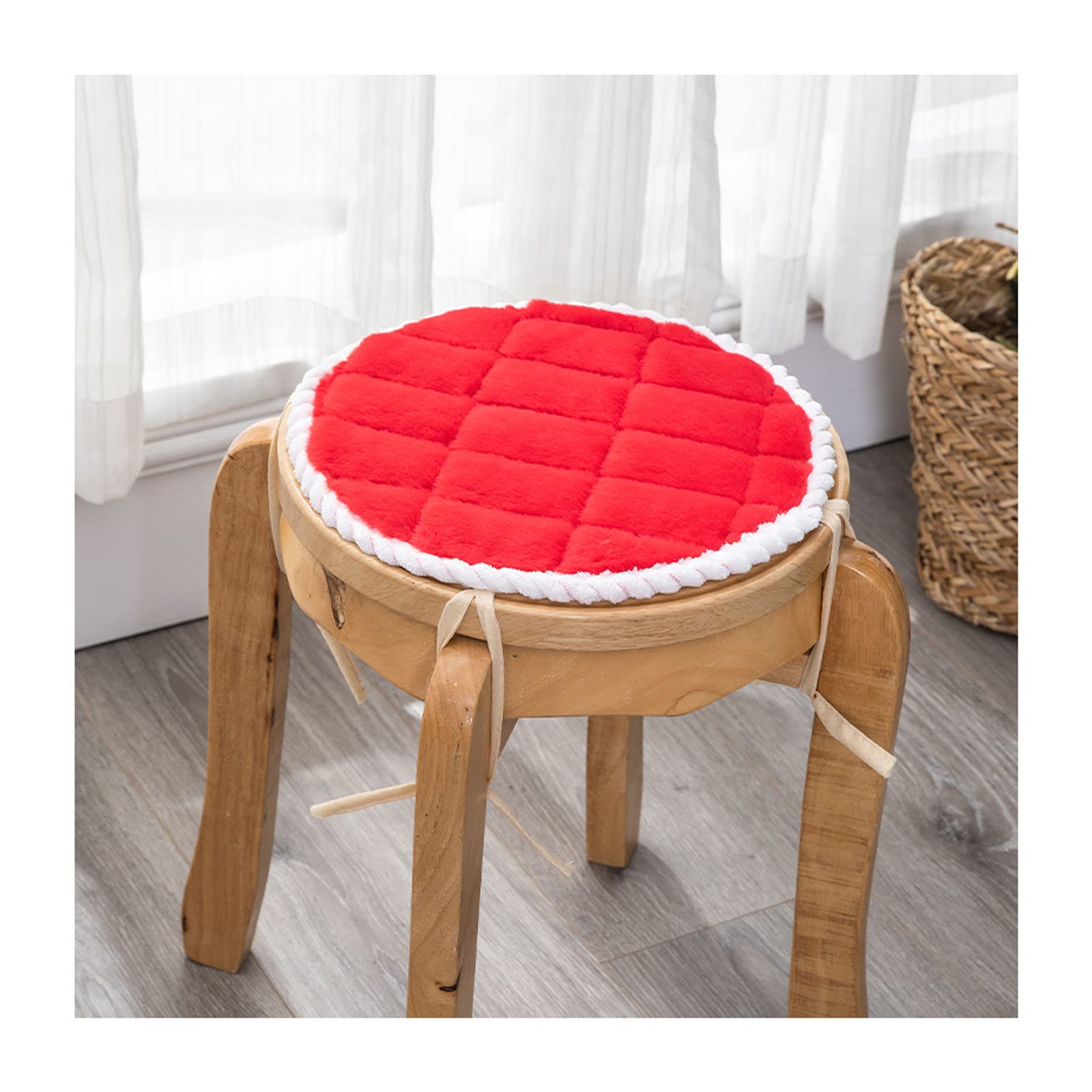 JLWM Chair Pad Plush Solid Color, Seat Cushion Winter Not-slip Seat Pad Chair Cushion With Straps For Dining Table Stool Bedroom Round-red-diameter-35cm