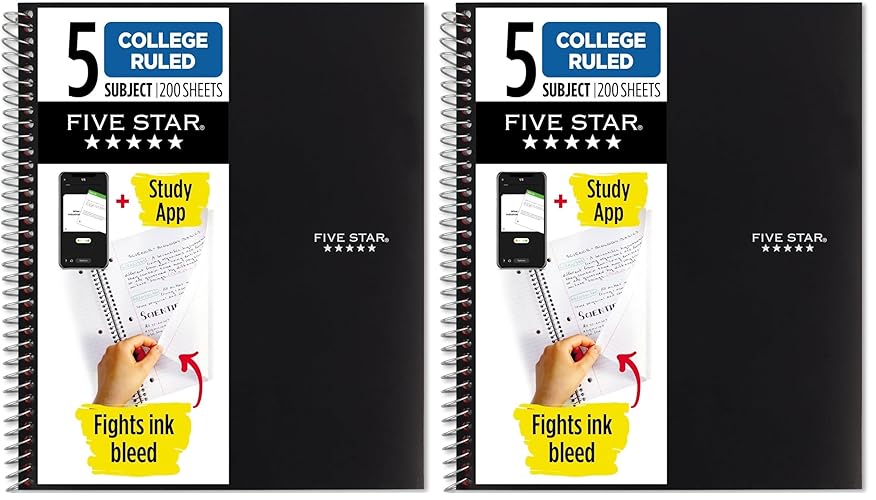 Five Star Spiral Notebook + Study App, 5 Subject, College Ruled Paper, Fights Ink Bleed, Water Resistant Cover, 8-1/2" x 11", 200 Sheets, Black (72081) (Pack of 2) - Black - 1 Count (Pack of 2)