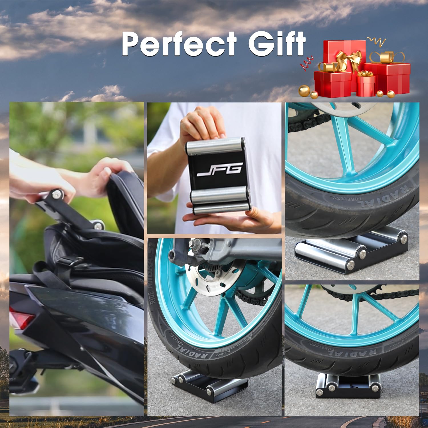 JFG RACING Supporto Rullo Moto,Rullo Pulizia Catena Moto Pulizia Ruote e Lubrificazione della Catena Cavalletto Moto Accessori Moto per Moto Medie < 220 kg e Larghezza Pneumatici < 180 mm