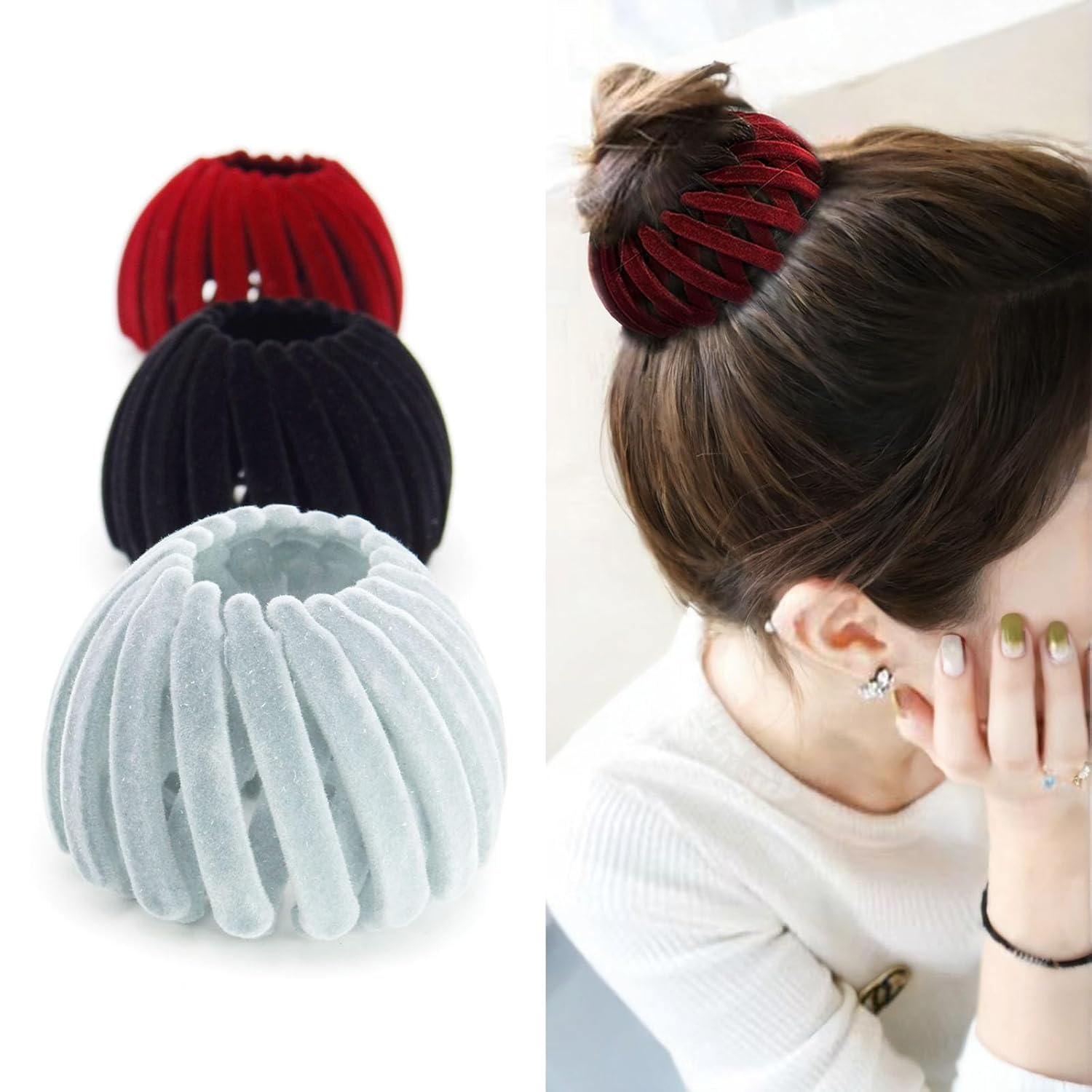 VORSET (PACK OF 3PCS) Women Bird Nest Hair Clips Claw Holder Plastic Ponytail Holder Bun Clip Bun Maker Bird Nest Shaped Hair Clip velvet, Multicolor-image-36