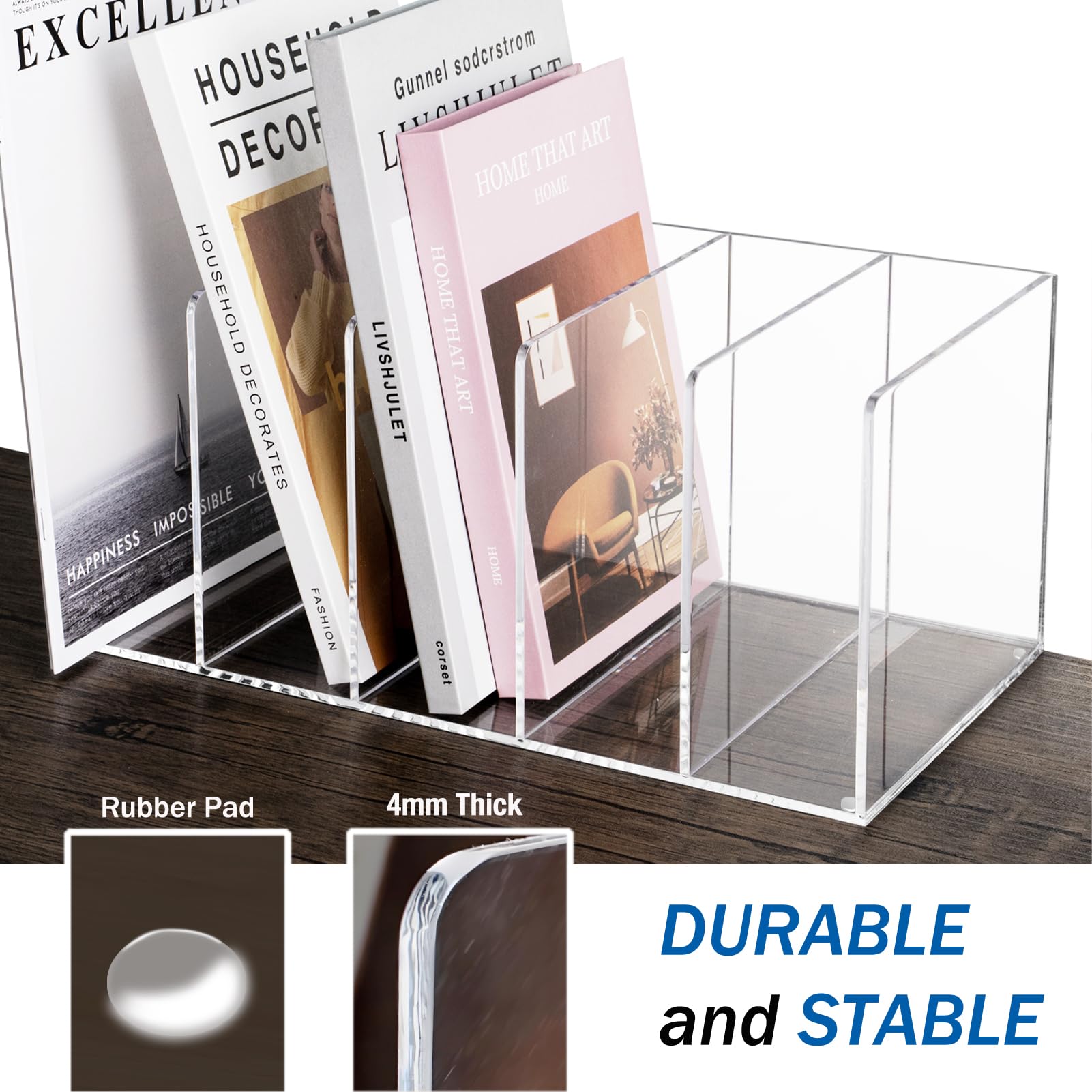 Organizador de archivos de escritorio acrílico – 5 compartimentos vertical para revistas – Clasificador de espacio de trabajo transparente para carpetas, libros y documentos, sin montaje, 35 x