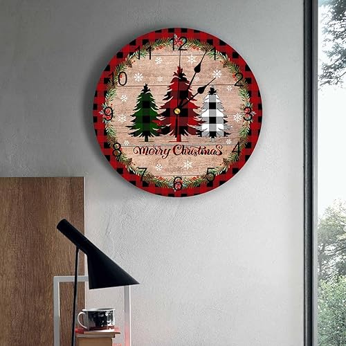 Miniatura 4 de Reloj de pared de PVC silencioso de Navidad de 10 pulgadas, reloj de pared redondo de búfalo rojo y negro a cuadros, árbol de Navidad, copo de