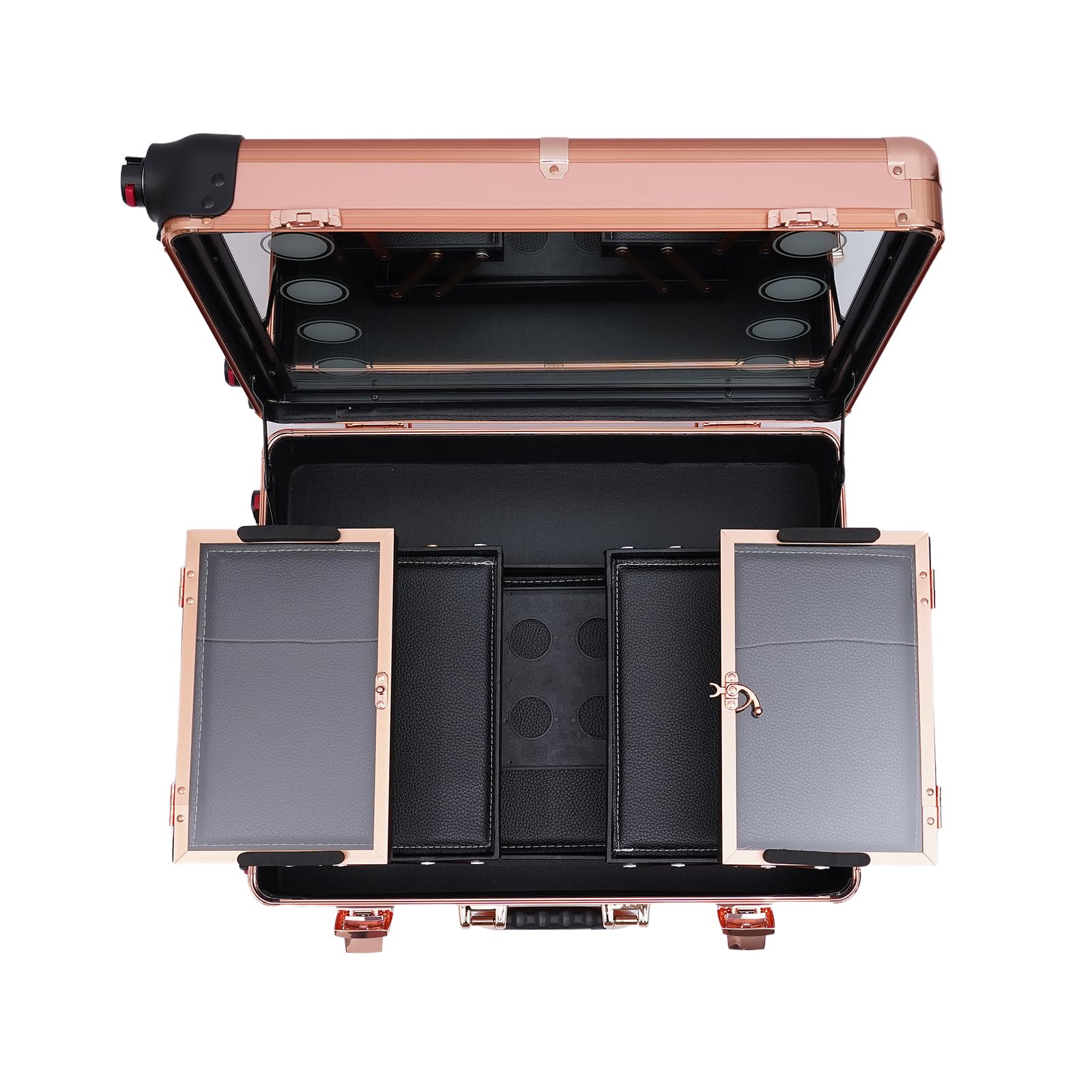 Mallette de maquillage professionnelle à roulettes avec 4 roulettes, éclairage et miroir, hauteur réglable, grande mallette de coiffeur, Or rose, Classique