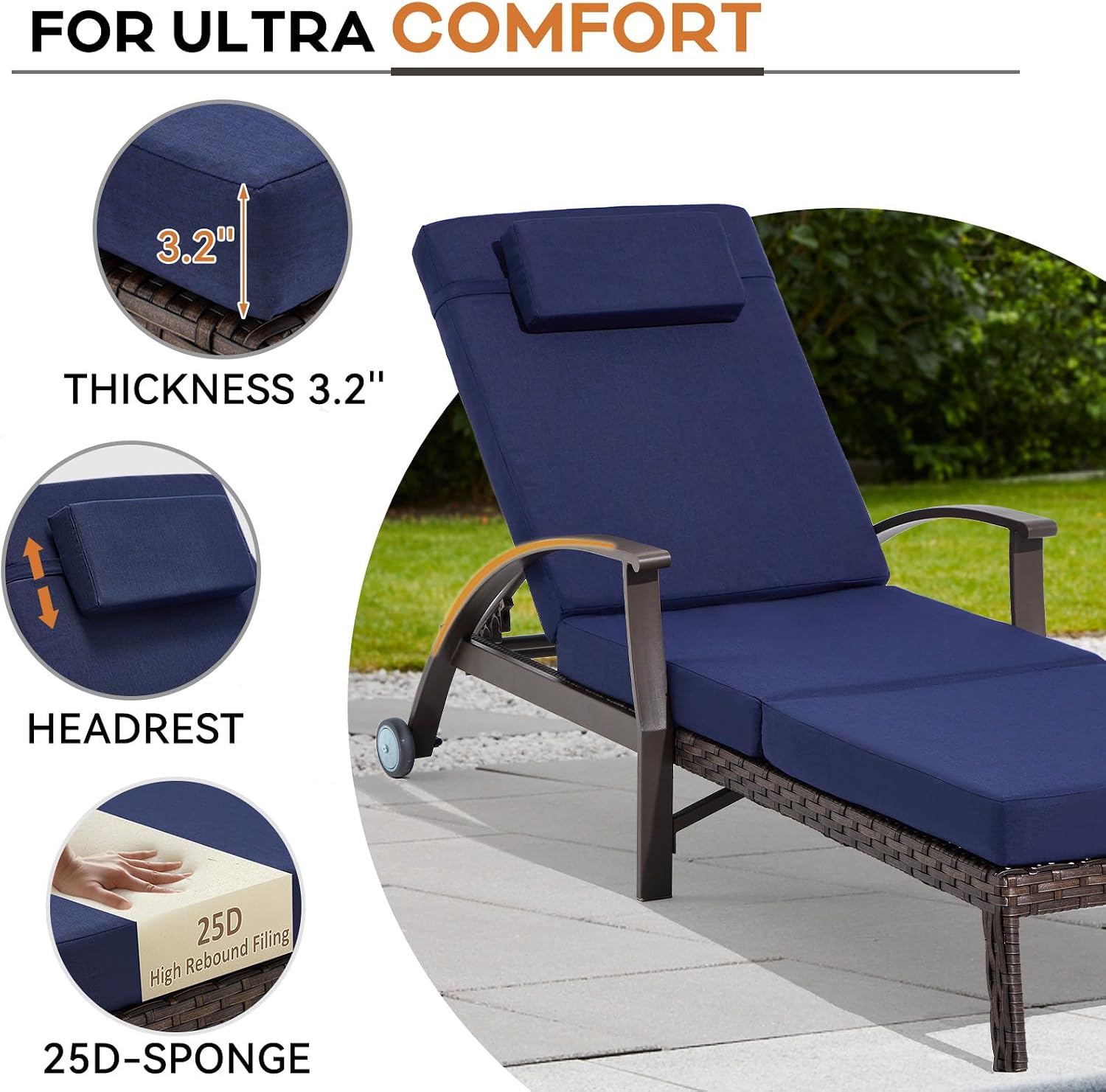 79.1''Chaise Lounge Chair Set Outdoor of 2, Patio Lounge Chair, Wicker Reclining Chair with 6 Adjustable Position Backrest 115-180° for Poolside, Backyard, Lawn, Deck (Blue)