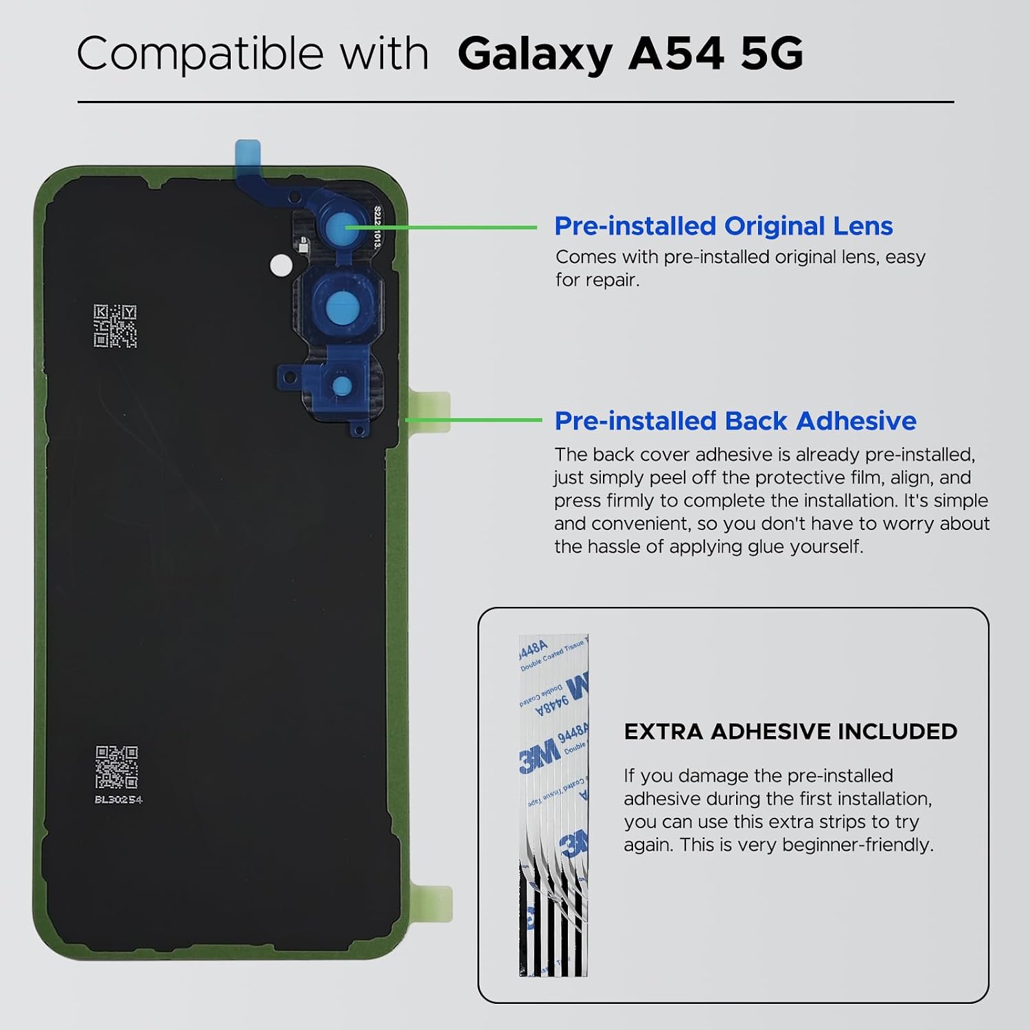 GREEN FUSION Compatible with Galaxy A54 5G Back Cover Replacement, A54 5G SM-A546 Back Housing Door with Pre-Installed Camera Lens, Repair Tools & Instruction, Graphite