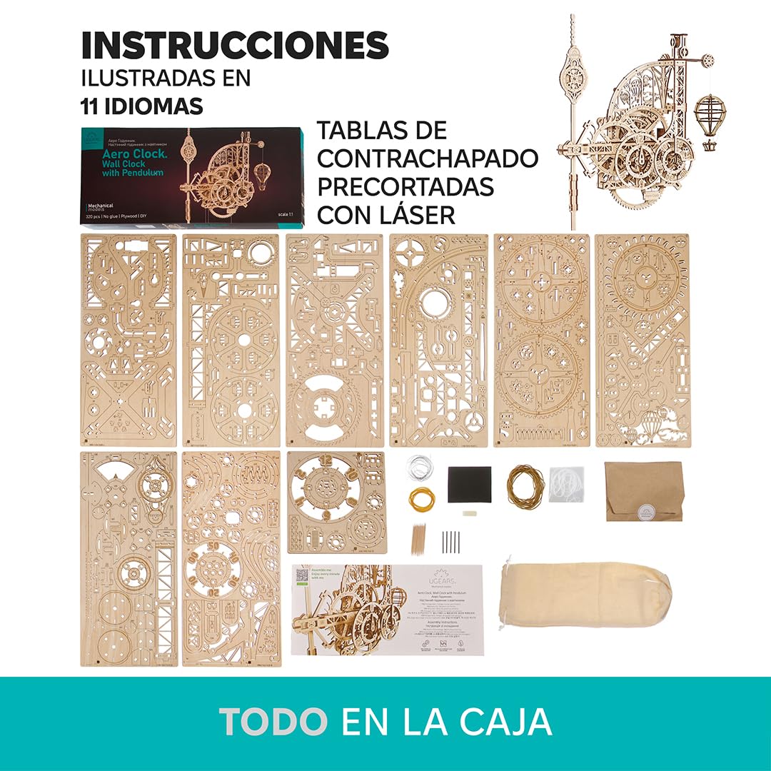 UGEARS Aero Clock 3D Puzzle - Kits de Modelo de Madera de Regalo del día del Padre para Que los Adultos construyan - Reloj de Pared Vintage DIY con péndulo Puzzle de Madera - Reloj mecánico