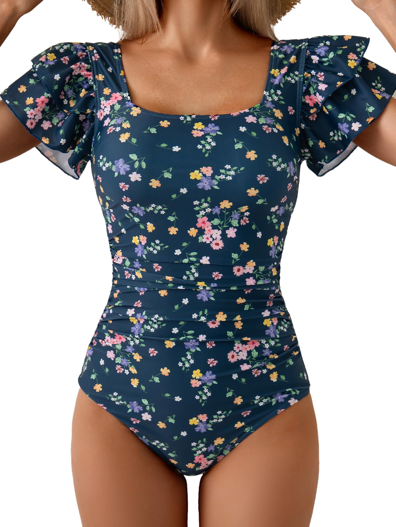 Eomenie Women's Ruffle Sleeve One Piece Swimsuit Tummy Control Bathing Suit | Square Neck, Ruched, Slimming, Modest, Cutout Back, Non-removable Padding