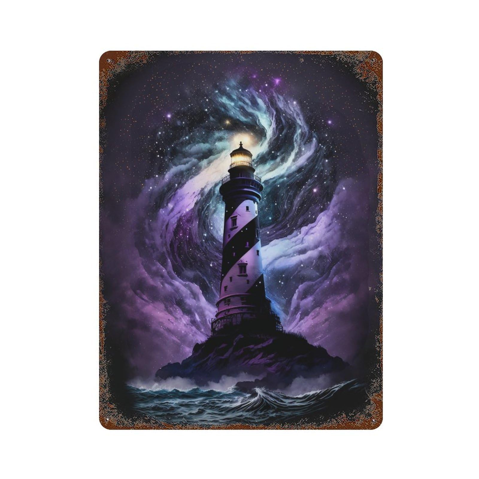 Weathered Tin Sign Enchanted Lighthouse in Starry Sky 15.7"x11.8", Rustic Home Decor for Basement, Hobby Room And Garage Decor