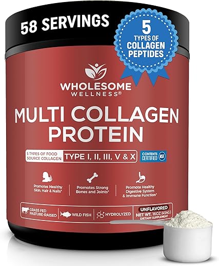 Wholesome Wellness Multi Collagen Protein Powder Hydrolyzed (Type I II III V X) Grass-Fed All-in-One Super Bone Broth + Collagen Peptides – Premium Beef, Chicken, Wild Fish, Eggshell Collagen