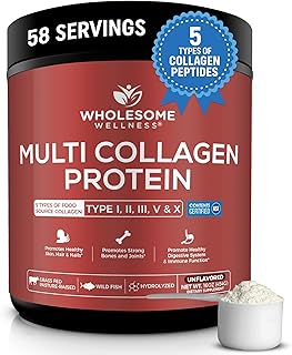 Wholesome Wellness Multi Collagen Protein Powder Hydrolyzed (Type I II III V X) Grass-Fed All-in-One Super Bone Broth + Peptides - Premium Blend of Beef, Chicken, Wild Fish, Eggshell, 58 Servings