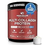 Wholesome Wellness Multi Collagen Protein Powder Hydrolyzed (Type I II III V X) Grass-Fed All-in-One Super Bone Broth + Peptides - Premium Blend of Beef, Chicken, Wild Fish, Eggshell, 58 Servings