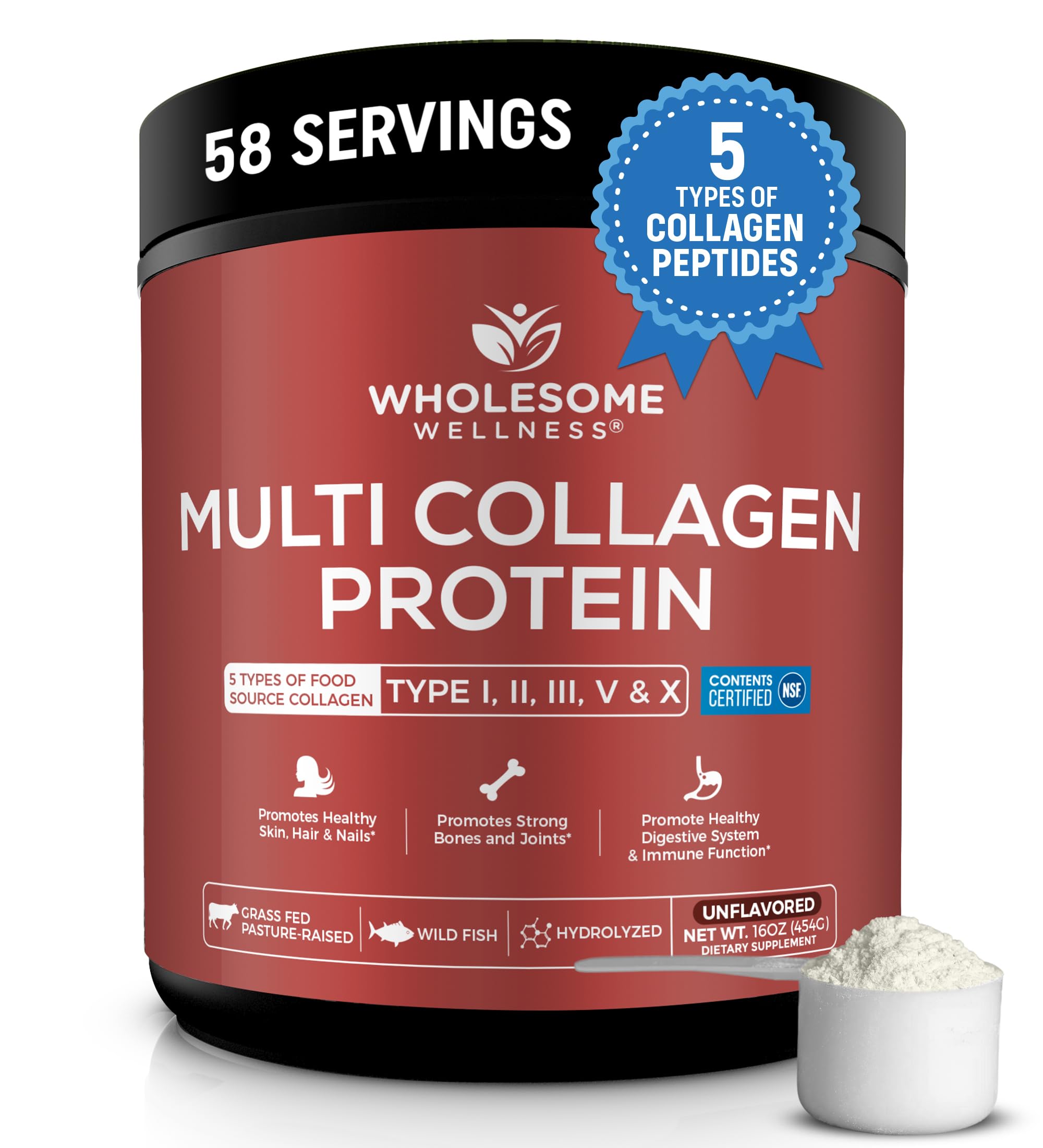 Wholesome Wellness Multi Collagen Protein Powder Hydrolyzed (Type I II III V X) Grass-Fed All-in-One Super Bone Broth + Peptides - Premium Blend of Beef, Chicken, Wild Fish, Eggshell, 58 Servings