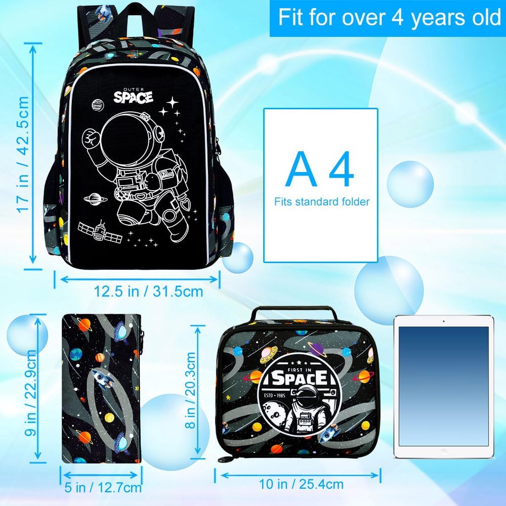 3Pcs Glow in The Dark Space Backpack for Boys, 17 Inches Astronaut School Bookbag Set for Teens, Laptop Backpacks with Lunch Bag(Black)