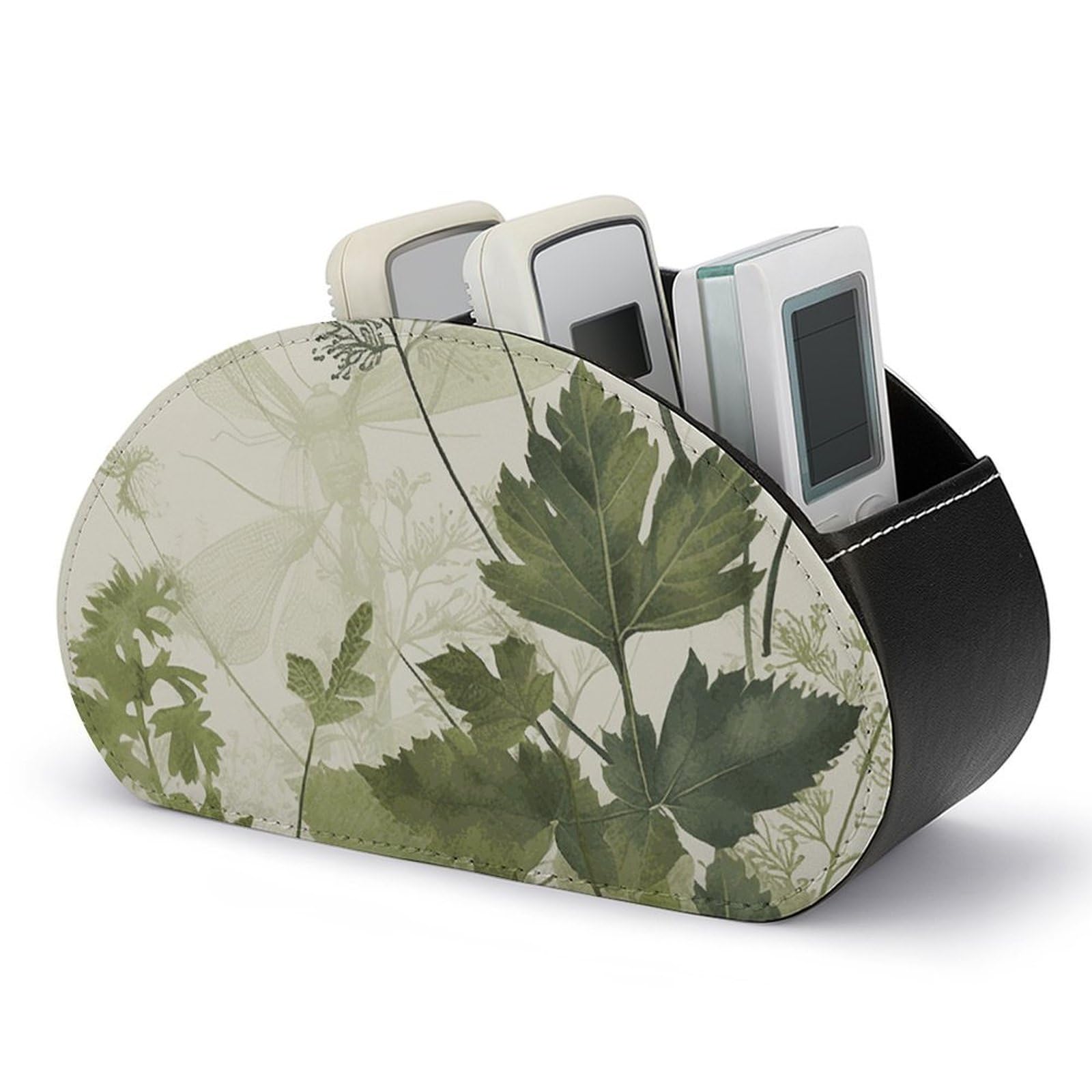 Foliage And Herbs with Dragonflies Winged Remote Control Holder with 5 Compartments Pu Leather Remote Caddy Box Multi-functional Deskt Holders Organizer Box Tray Bedside Table Storage Organizer