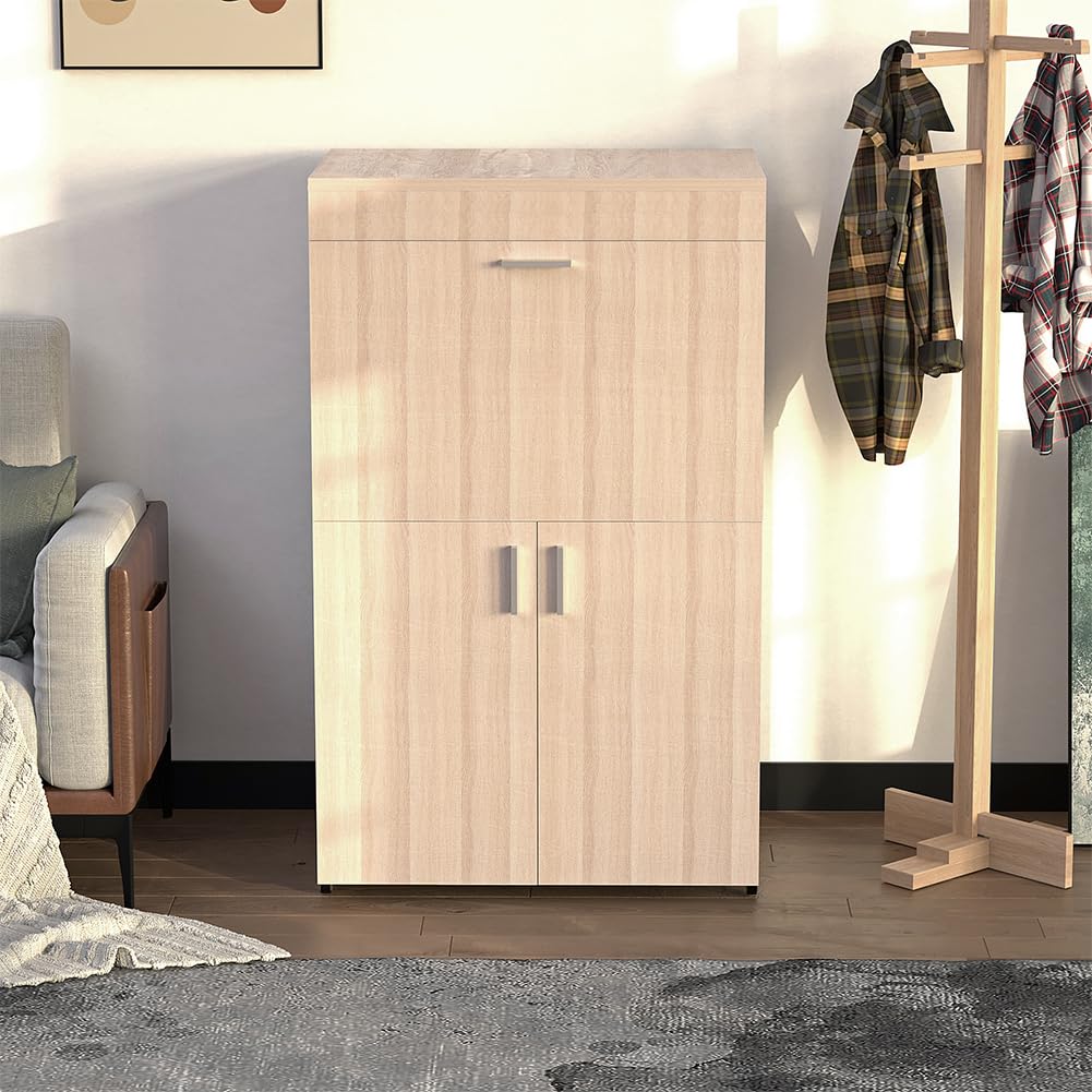 Shally Dogan Mobile Asse da Stiro a Scomparsa Salvaspazio Richiudibile, Mobiletto Pieghevole Telaio in Legno per Stiratura Veloce, 4 Ruote per Spostamento, Ideale Lavanderia, Bagno (Olmo)