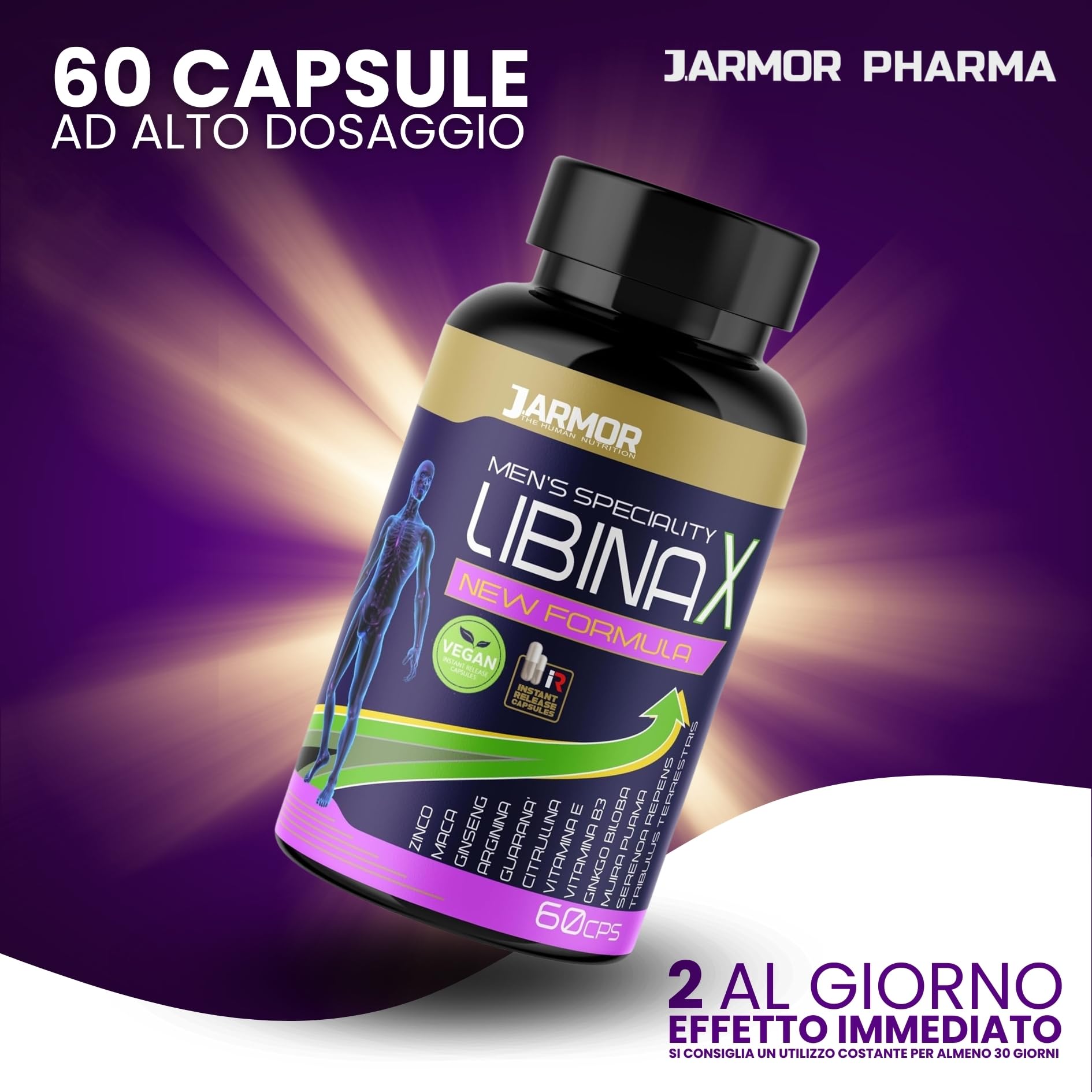 Libinax Integratore Uomo Vitalità Maschile – L-Citrullina, L-Arginina, Tribulus, Maca, Ginseng, Muira Puama, Ginkgo, Serenoa, Guaranà, Zinco e Vitamine – 60 Capsule