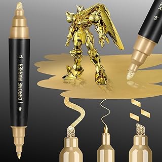 1PK Dual Tip Permanent Mirror Chrome Gold Marker – Metallic Gold Paint Pen for Metal, Plastic, Fabric, Jewelry, Model Painting, Touch-Up & Repair Kit, 2 Tips (0.7mm & 3mm Reversible Tip)