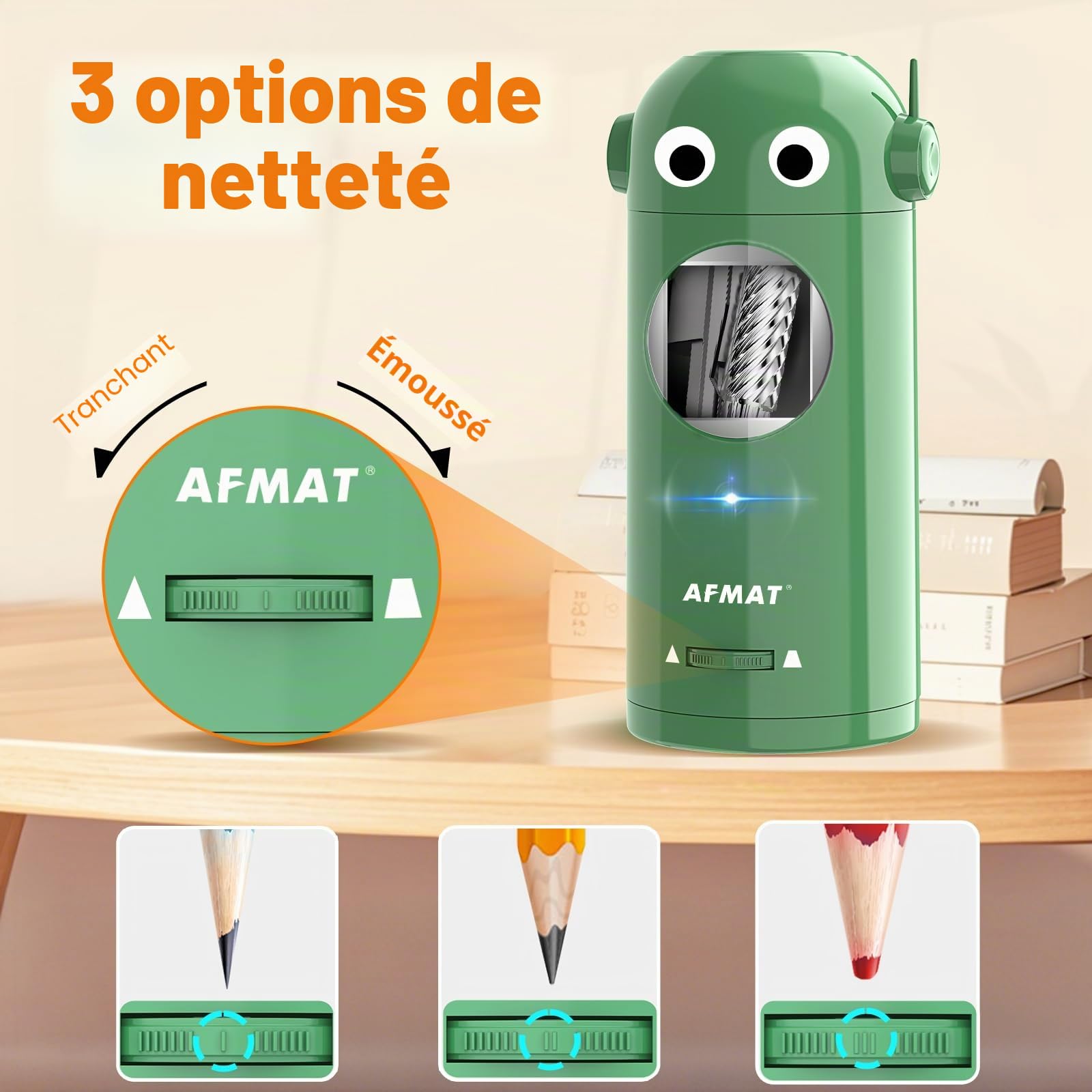 Taille-crayon électrique pour crayons de couleur de 7 à 11,5 mm - Entièrement automatique, rechargeable, mains libres - Fonctionne avec piles - Vert