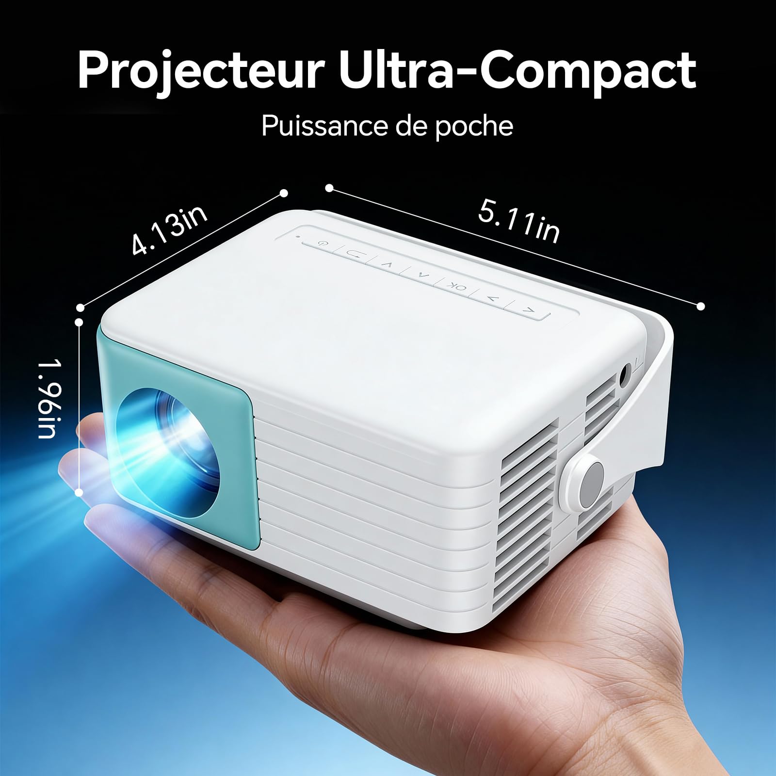 WOLFANG Vidéoprojecteur Portable Mini, Retroprojecteur pour Chambre, Compatible Full HD 1080P, Correction Keystone Automatique, Zoom 50% et Rotation 180°, iOS/Android/TV Stick