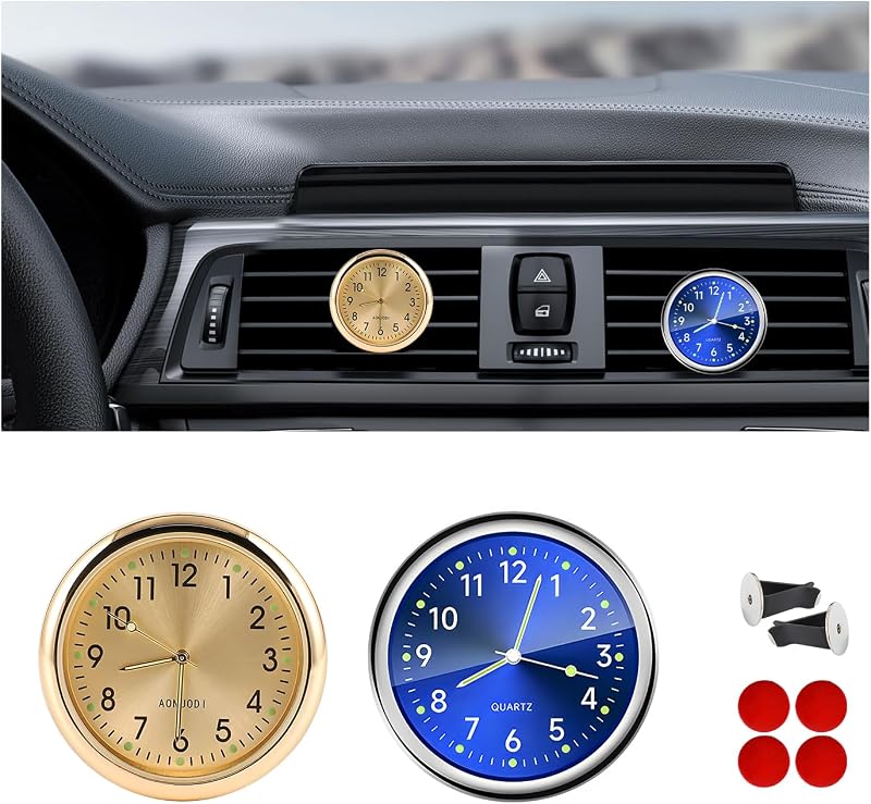 Relógio analógico luminoso para painel automotivo DXNQ com clipe de ventilação – 2 unidades Azul + Dourado