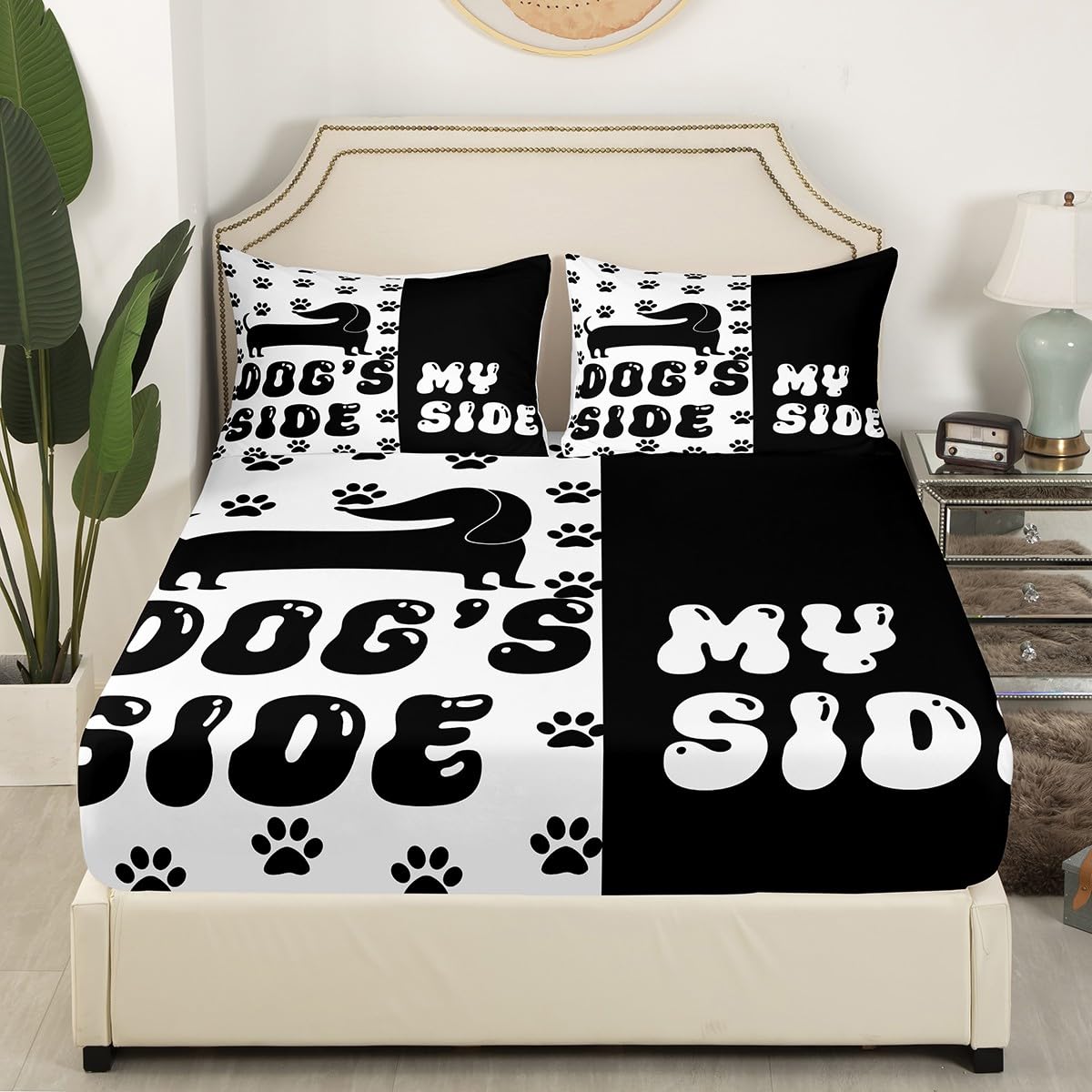 Cute Dog Paws Print Kids Fitted Sheet Double Size,Cartoon Dachshund Puppy Animal Pet Bedding Set,Boys Girls Room Decor,Dog Side My Side Bed Cover,Black White Bed Sheet,2 Pillowcases(No Top Sheet) - Image 2