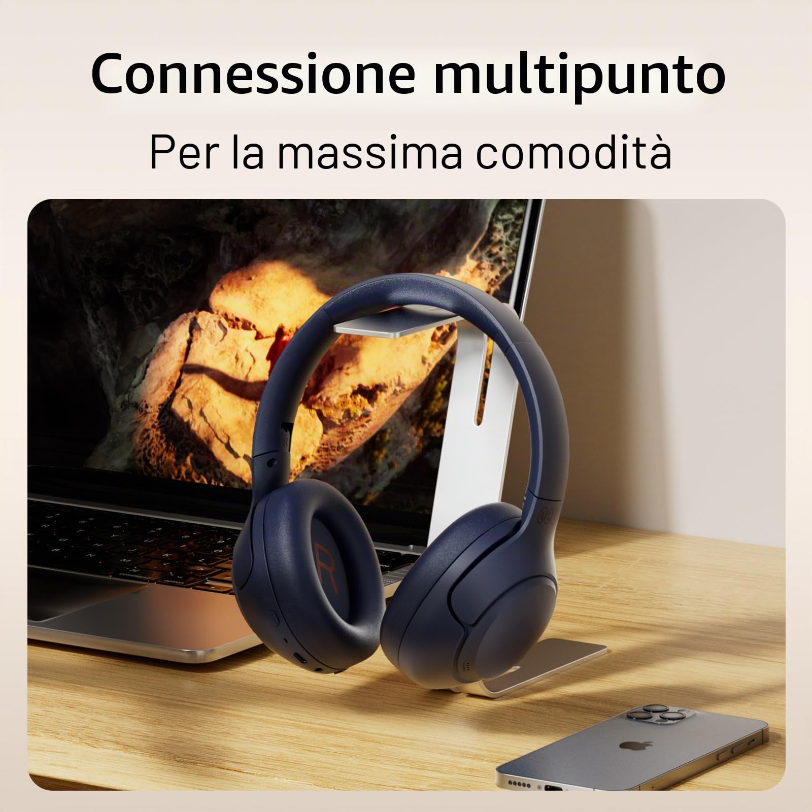 QCY H3 ANC Cuffie Bluetooth Cancellazione Rumore Attiva Ibrida,Cuffie Over Ear Wireless,Hi-Res Audio,60 Ore di Riproduzione,Chiamate Nitide,EQ personalizzabile,Bluetooth 5.4, Blu