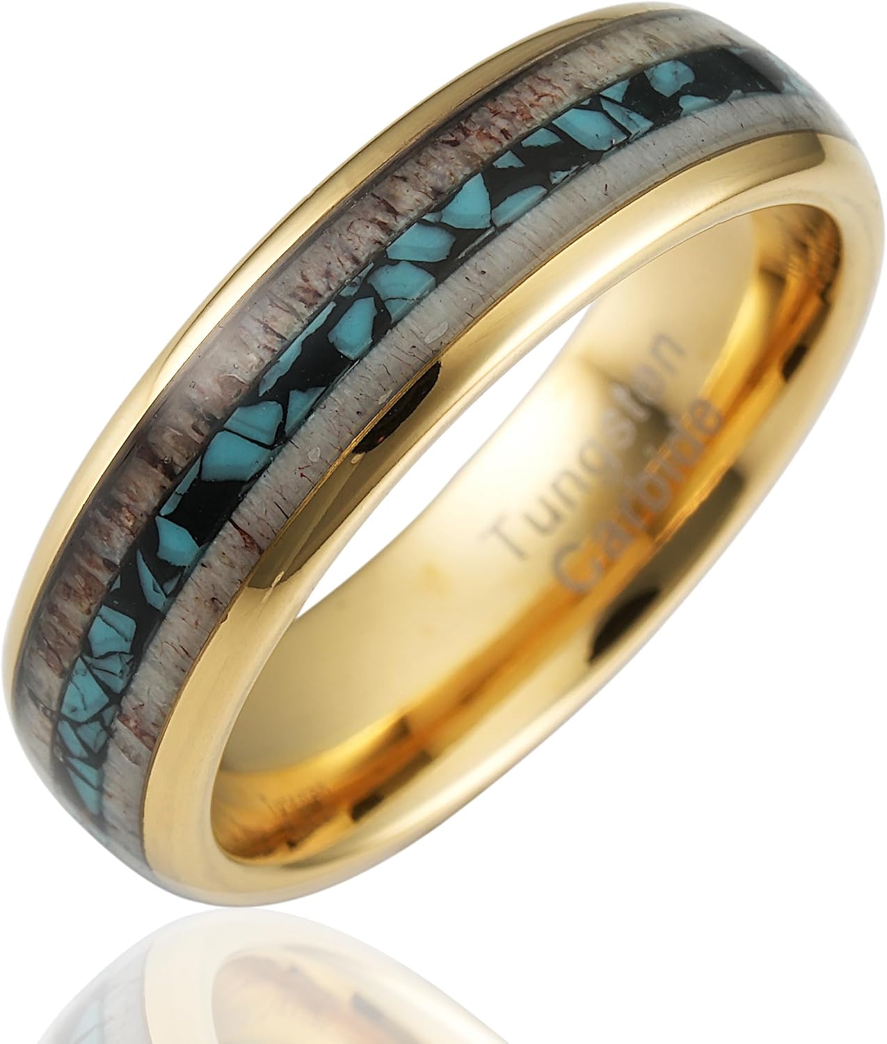 100S JEWELRY 6mm Gold Tungsten Wedding Rings for Men Women Unique Turquoise & Antler Inlay Durable Engagement, Promise, and Wedding Band - Available in Sizes 6-13